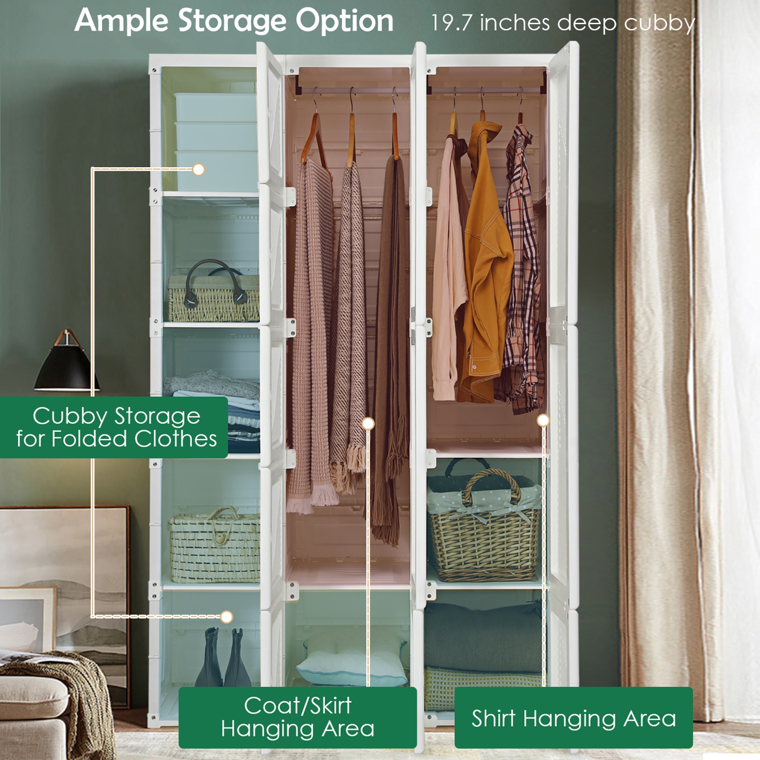 Costway – garde-robe d’armoire pliable portatif avec 10 cubes, tiges suspendues