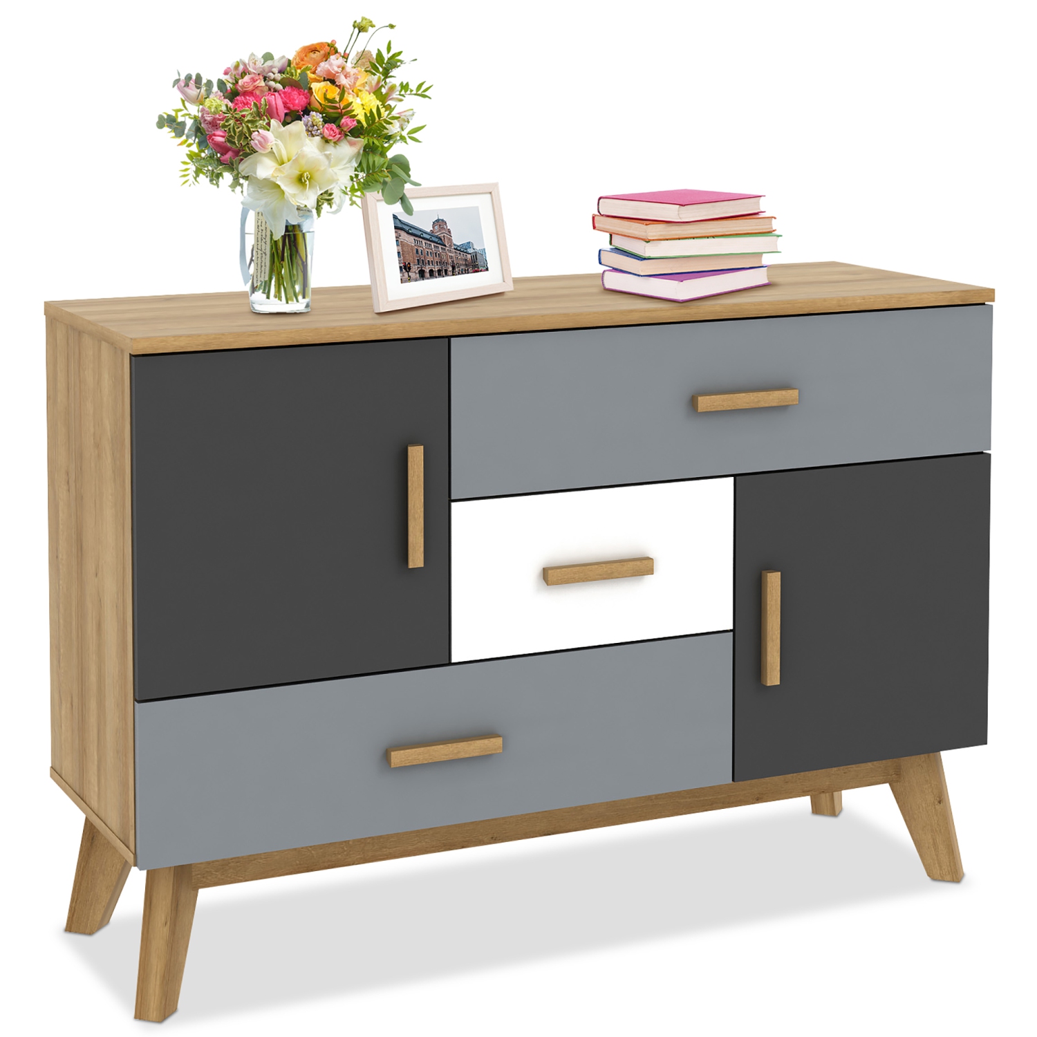 Armoire de rangement autonome de Costway, armoire de plancher moderne avec 2 portes et 3 tiroirs