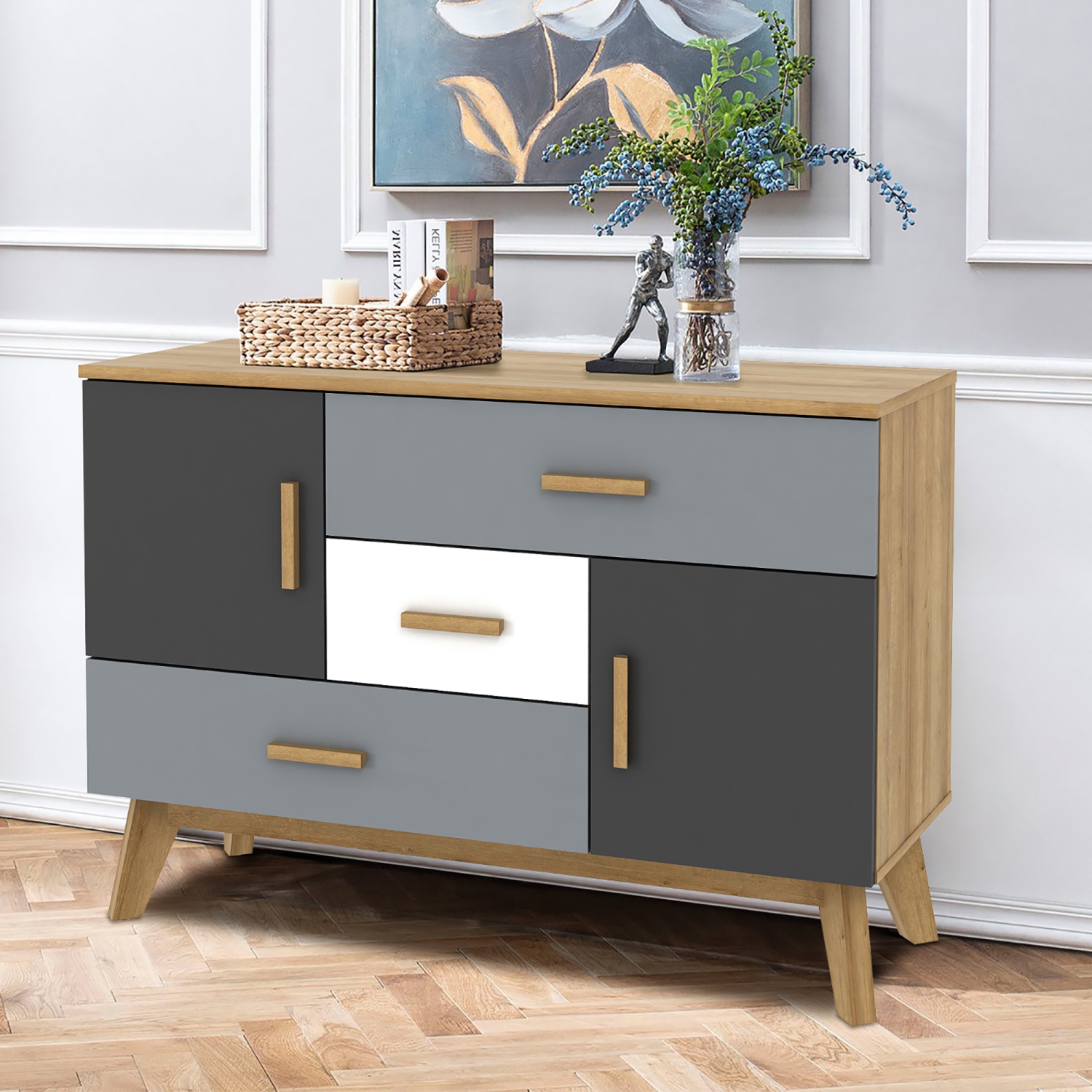 Armoire de rangement autonome de Costway, armoire de plancher moderne avec 2 portes et 3 tiroirs