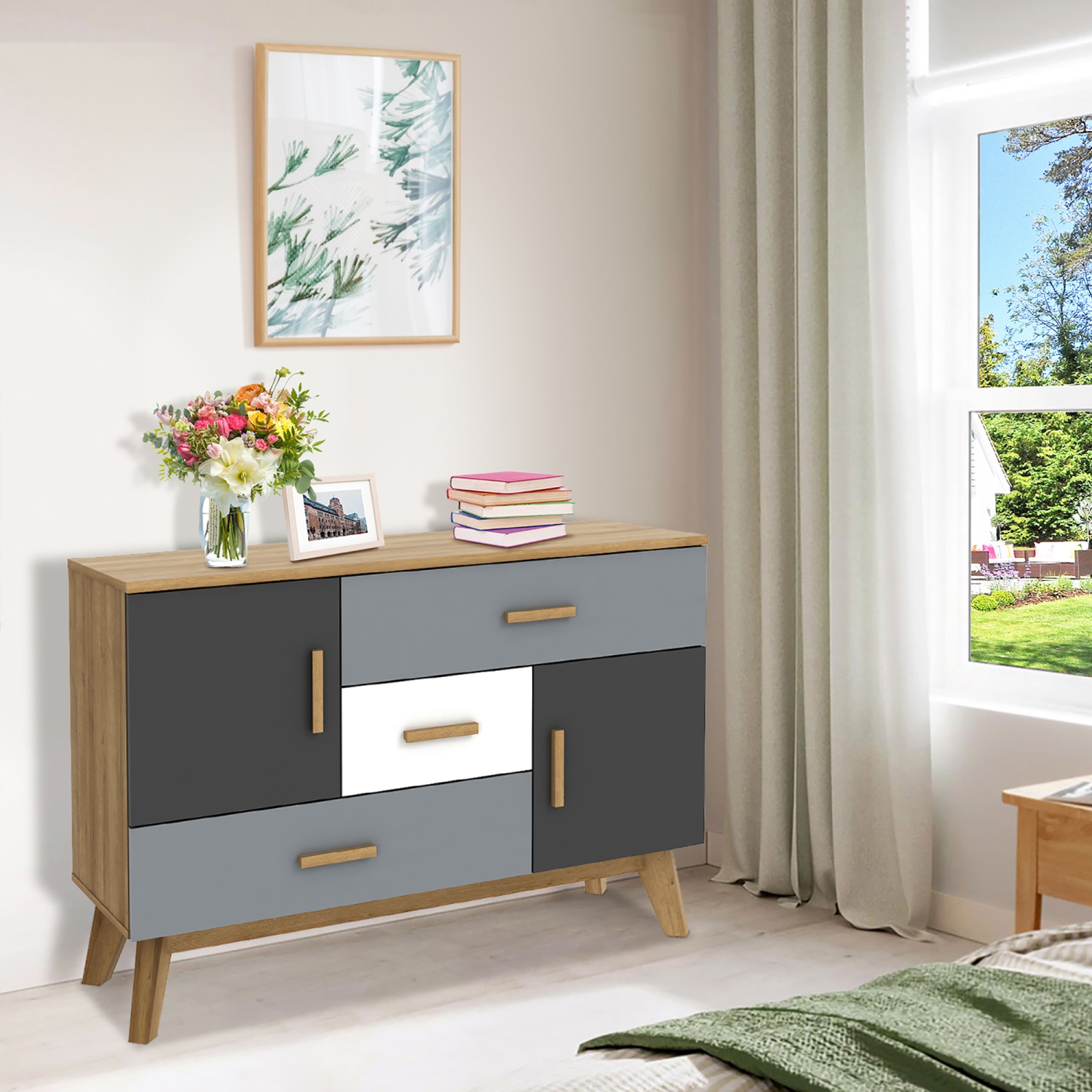 Armoire de rangement autonome de Costway, armoire de plancher moderne avec 2 portes et 3 tiroirs