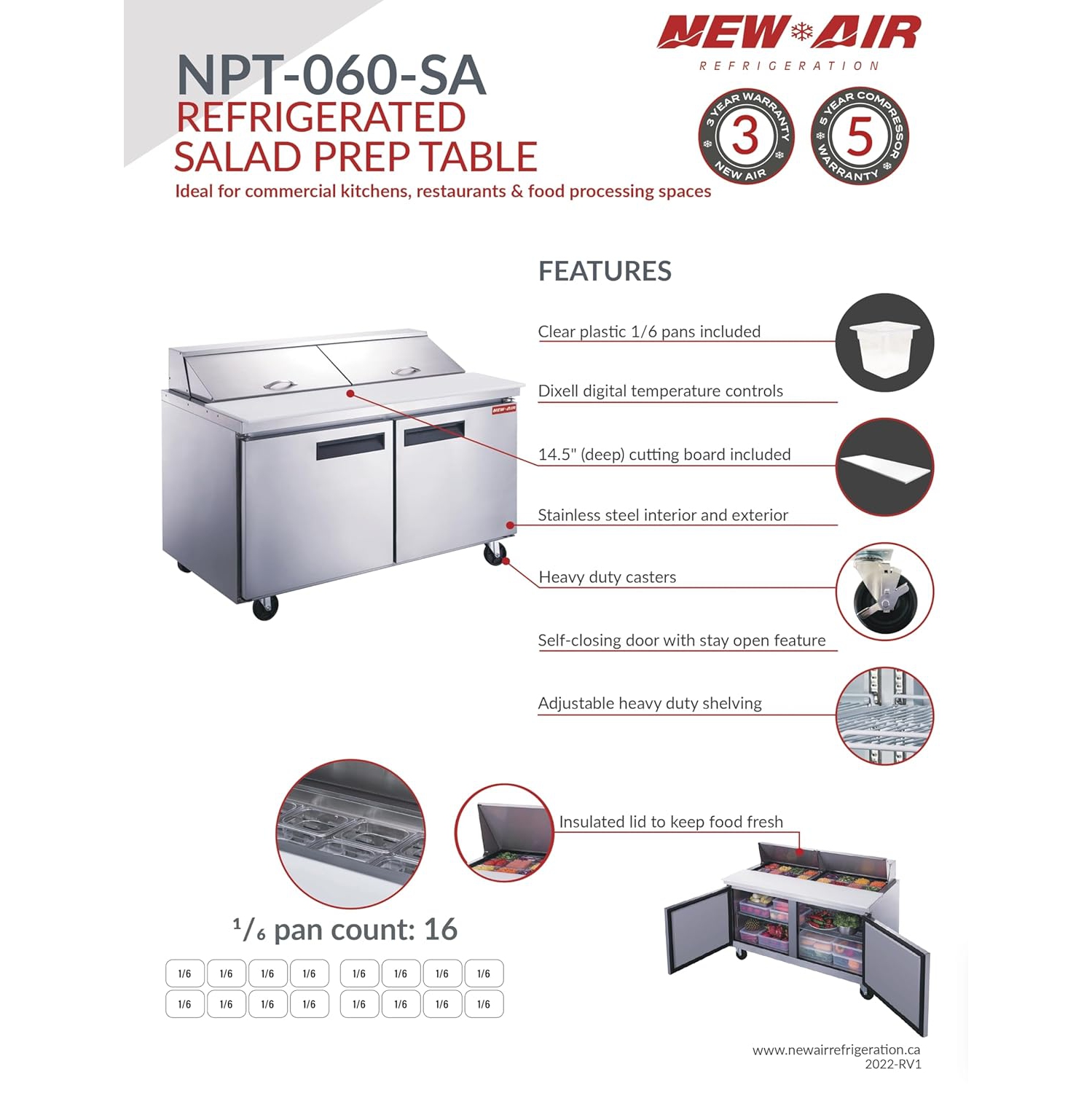 NEW AIR NPT-060-SA Commercial 60" Double Door Salad/Sandwich Prep Table - Ideal for Restaurants, Cafeterias & Food Processing Spaces