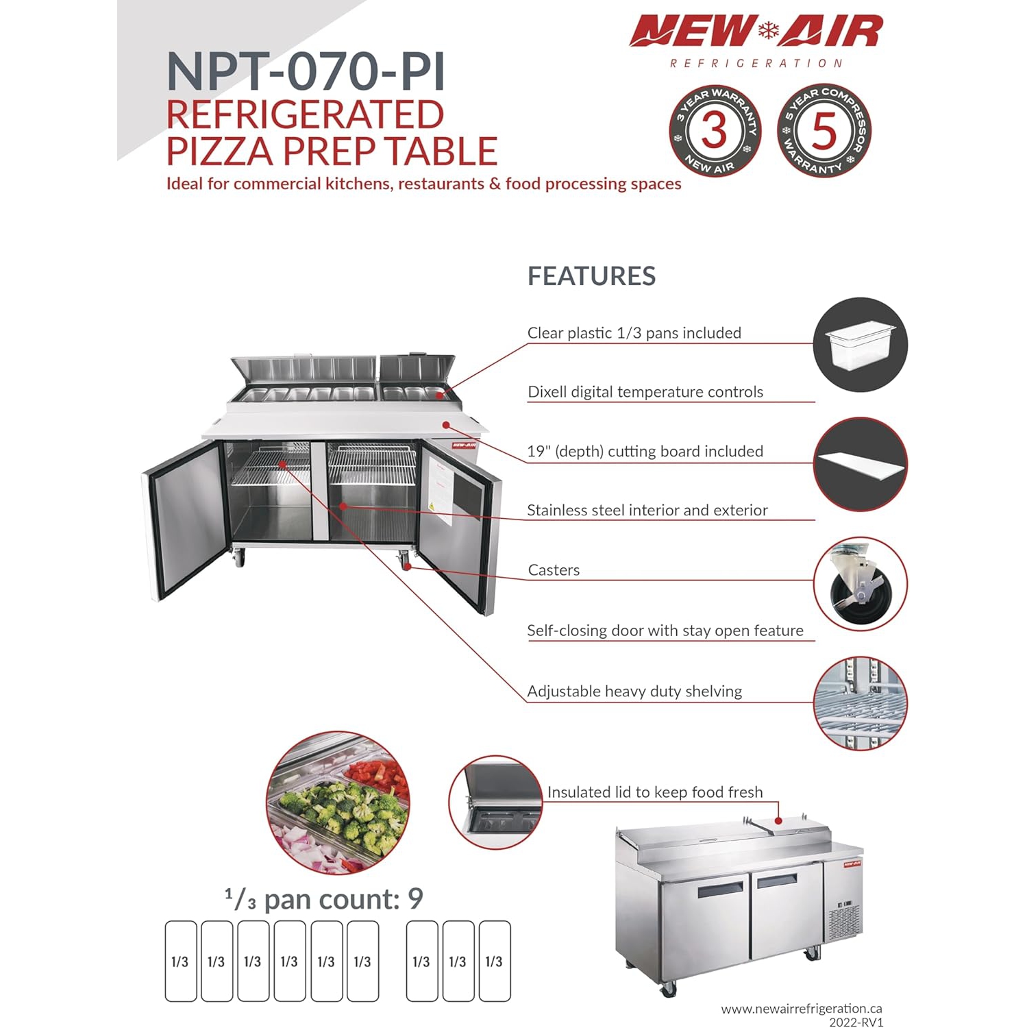 NEW AIR NPT-070-PI Commercial 70″ Stainless Steel Double Door Refrigerated Pizza Prep Table - Ideal for Restaurants, Cafeterias and Food Processing