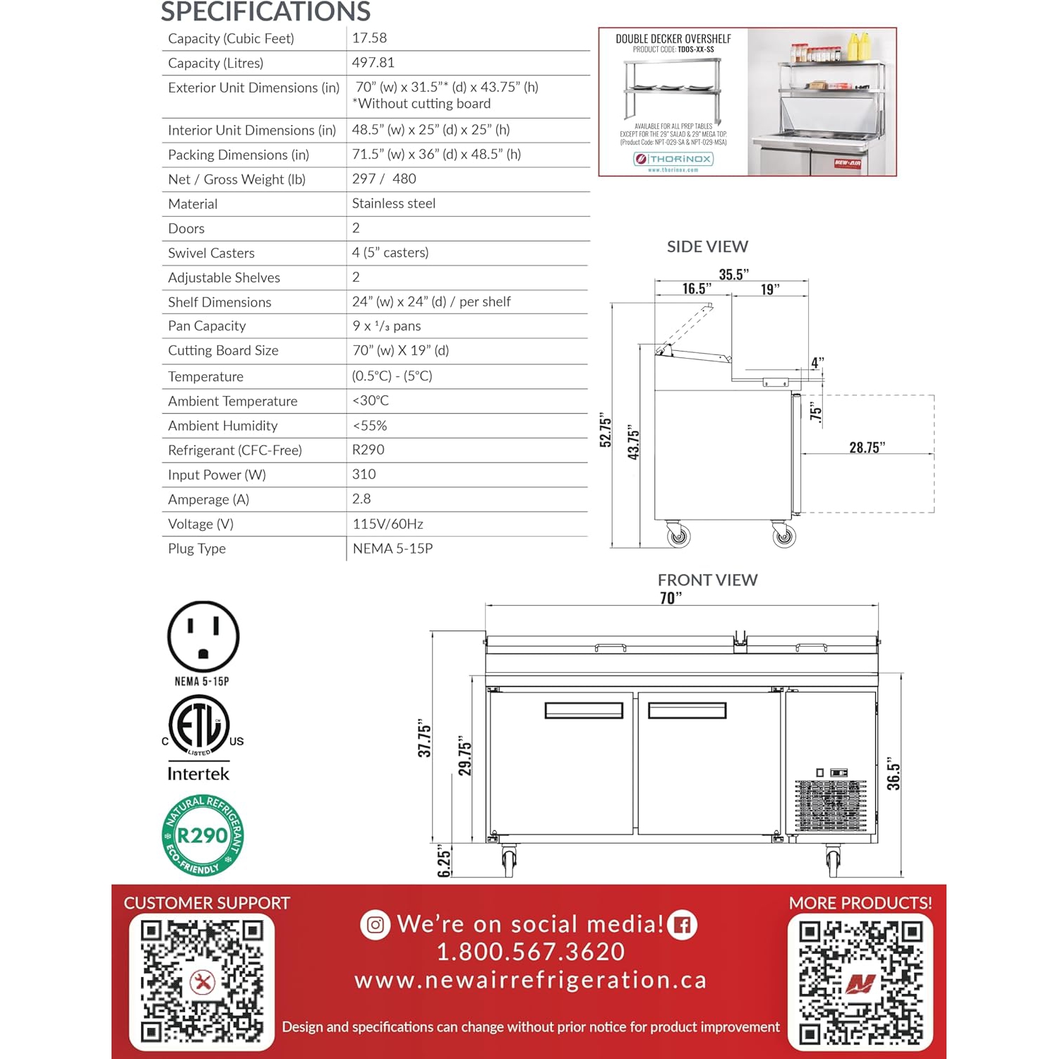 NEW AIR NPT-070-PI Commercial 70″ Stainless Steel Double Door Refrigerated Pizza Prep Table - Ideal for Restaurants, Cafeterias and Food Processing