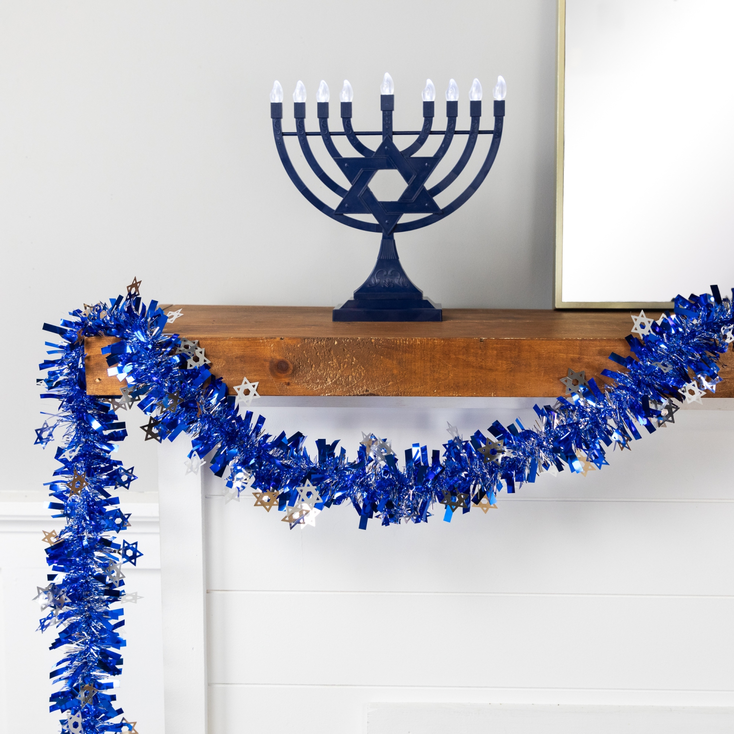 Star of David Hanukkah Tinsel Garland - 50' x 3.5" - Blue & Silver - Unlit