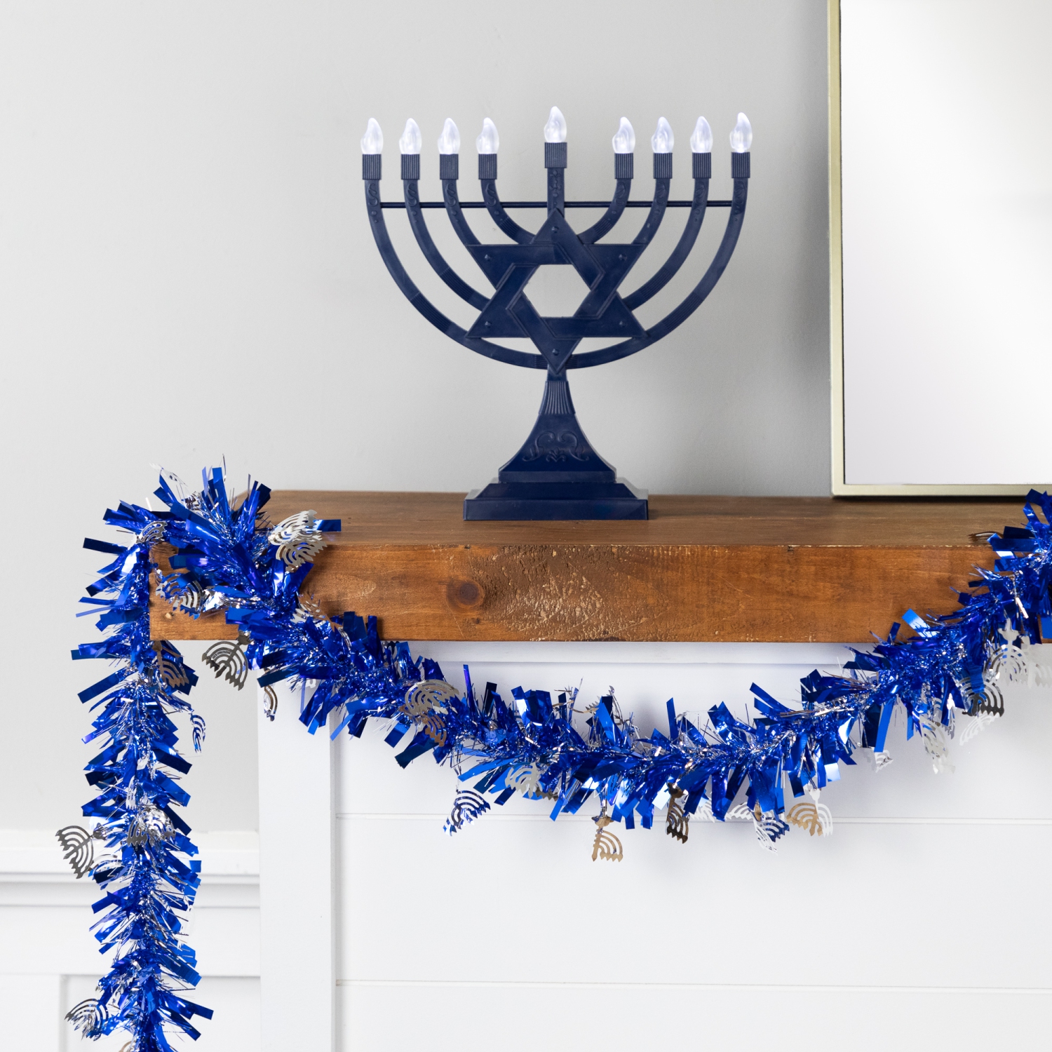 Menorah Hanukkah Tinsel Garland - 50' x 3.5" - Blue & Silver - Unlit