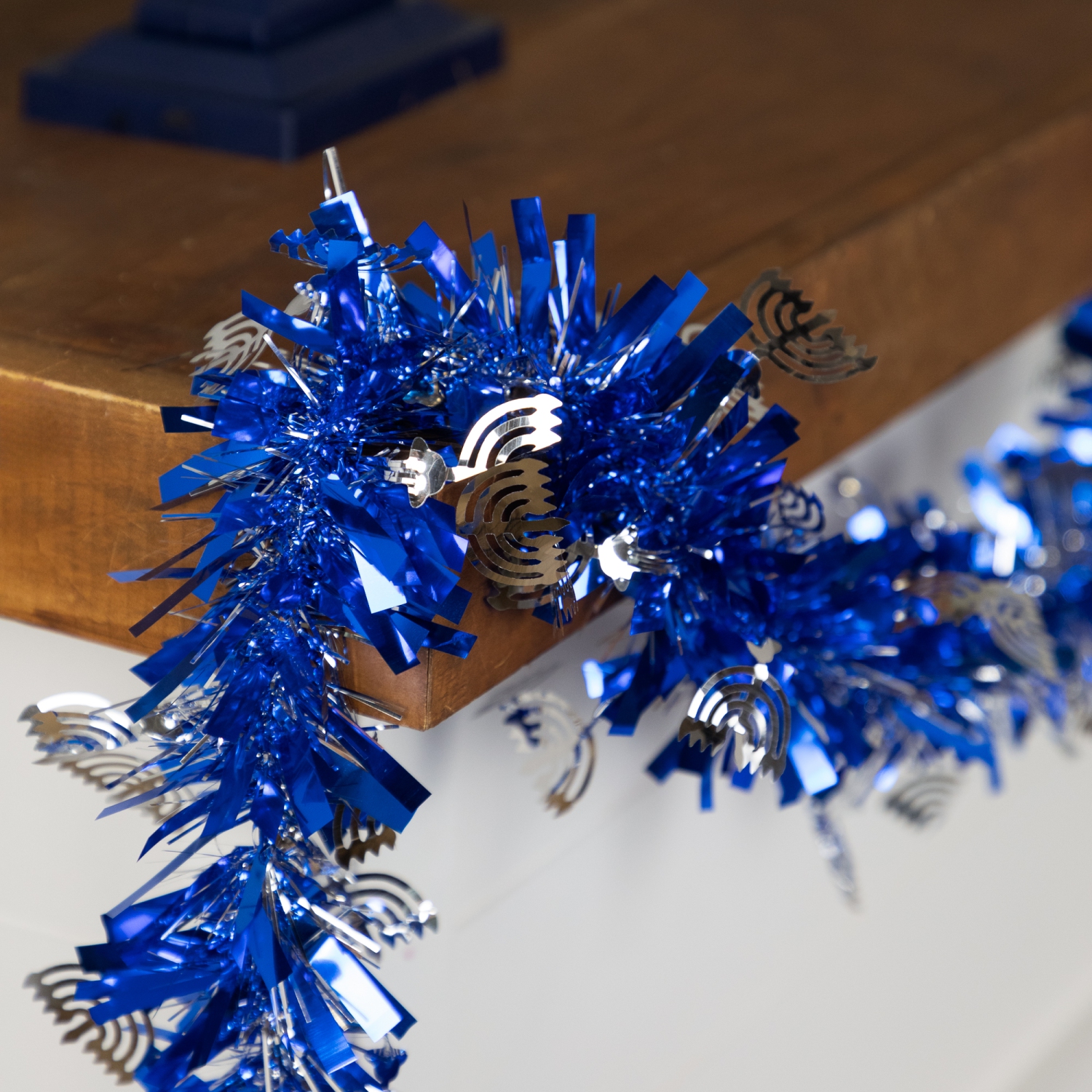 Menorah Hanukkah Tinsel Garland - 50' x 3.5" - Blue & Silver - Unlit