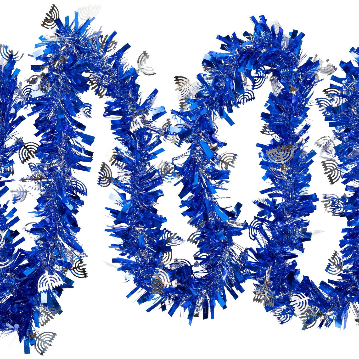 Menorah Hanukkah Tinsel Garland - 50' x 3.5" - Blue & Silver - Unlit