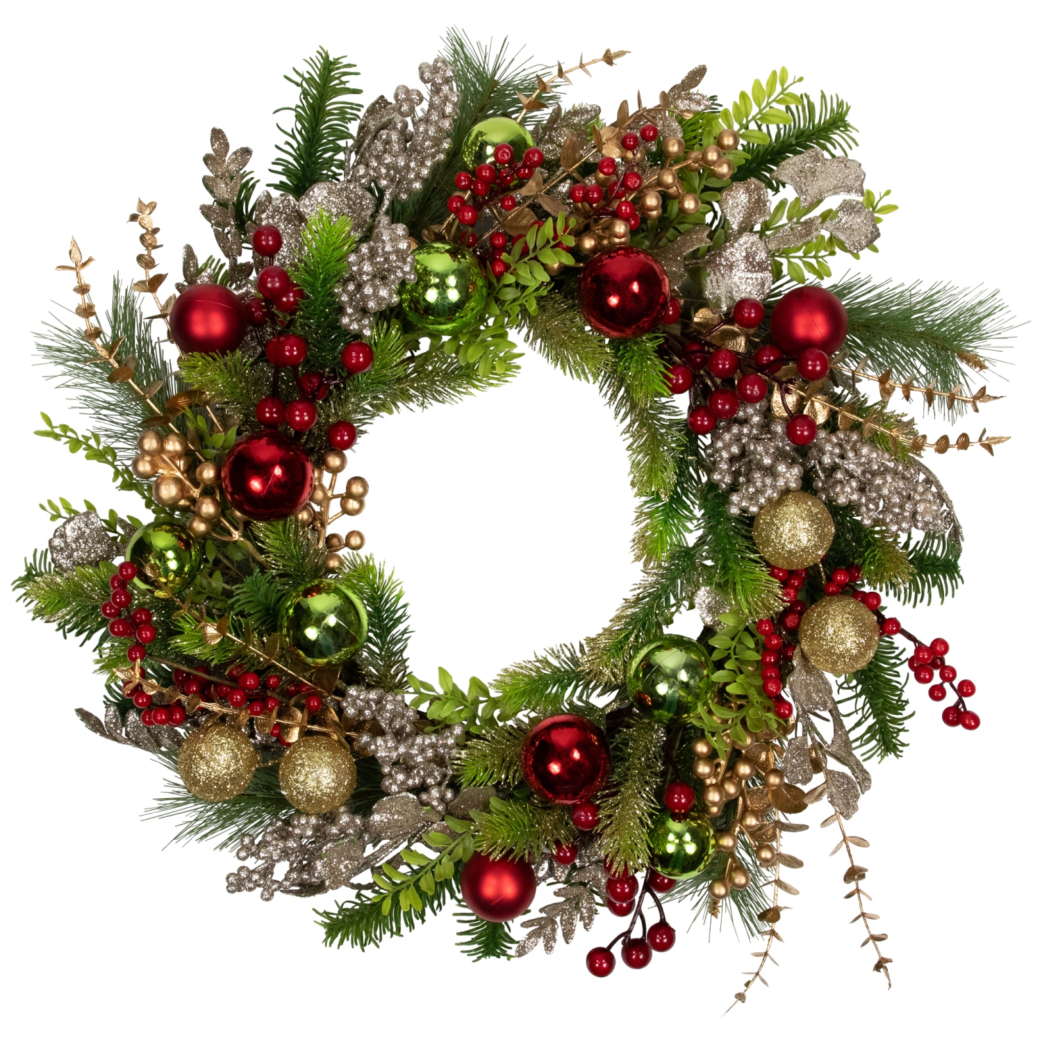 Glittered Ornaments and Berries Christmas Wreath - 24" - Green and Gold