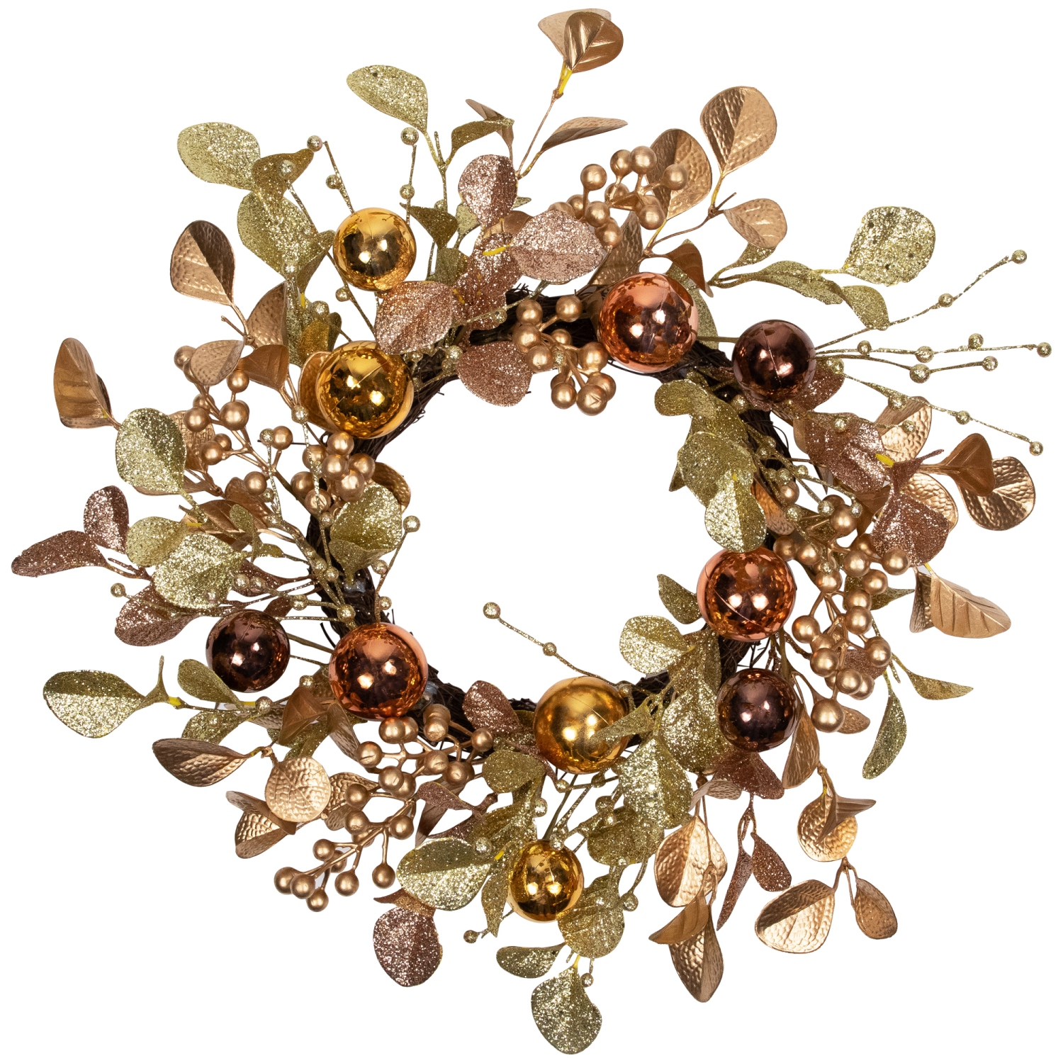 Glitter Leaf Artificial Christmas Twig Wreath with Ball Ornaments - 24" - Copper - Unlit