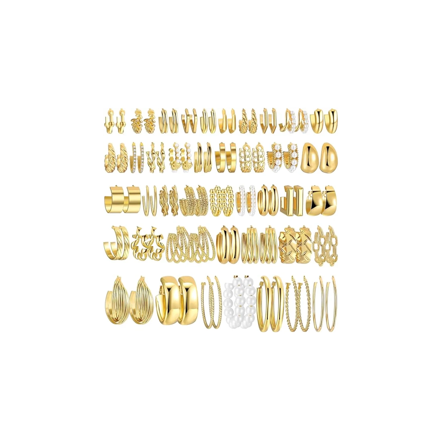 42 Pairs Gold Hoop Earrings Set: A comprehensive multipack perfect for women, featuring a variety of stylish gold hoops.