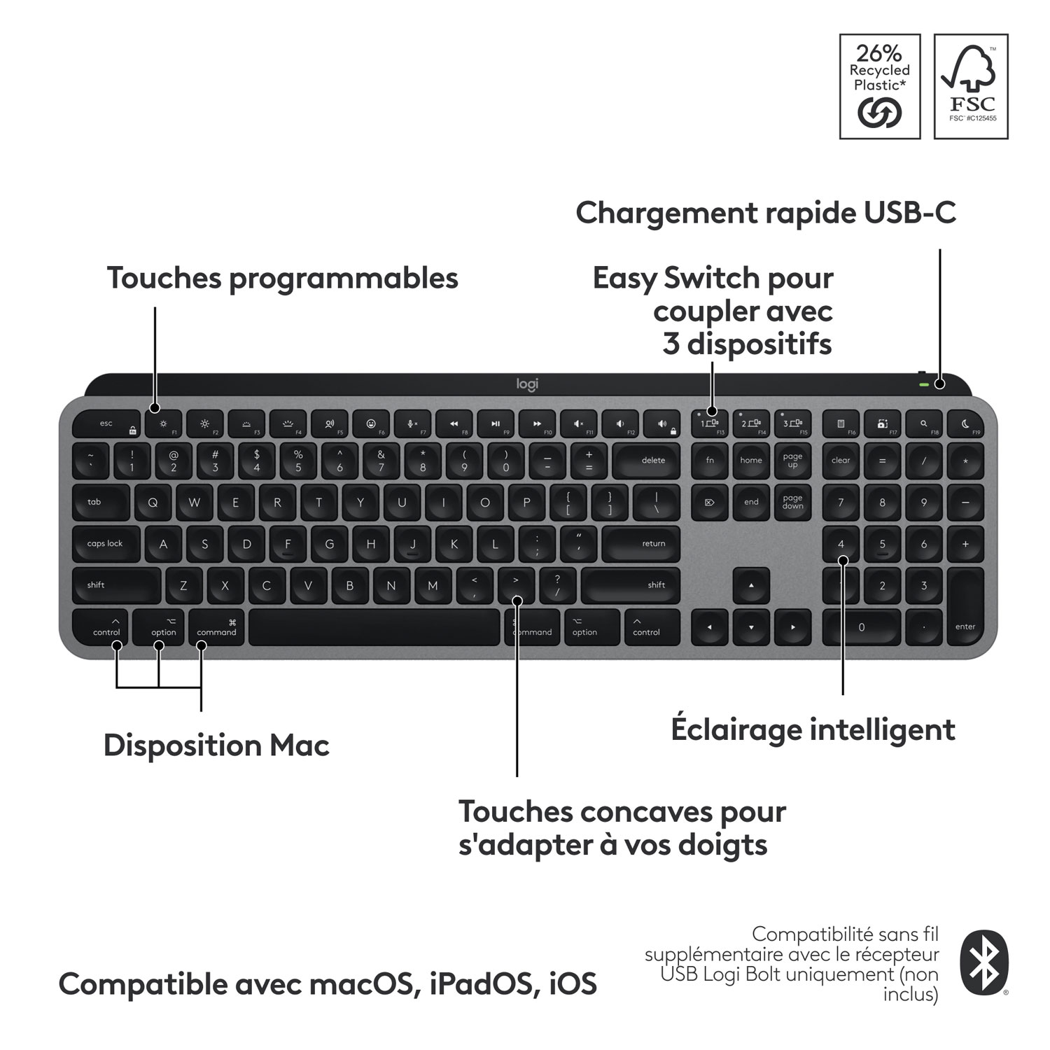 Clavier pleine grandeur Bluetooth MX Keys S de Logitech pour iPad/Mac - Gris cosmique - Anglais