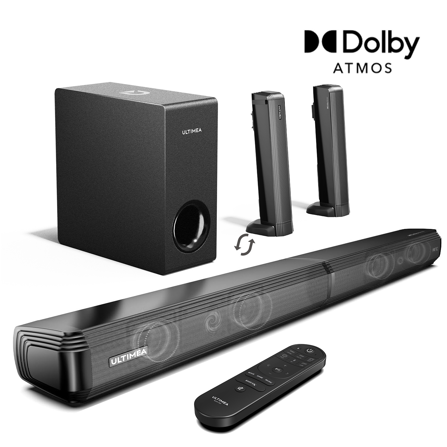 ULTIMEA Apollo S60 4.1ch Sound Bar for TV with Dolby Atmos, 2-in-1 Bluetooth 5.3 Soundbar for TV with Subwoofer, 280W Peak Power, 3 EQ Modes TV Soundbar, Bass Boost, HDMI eARC