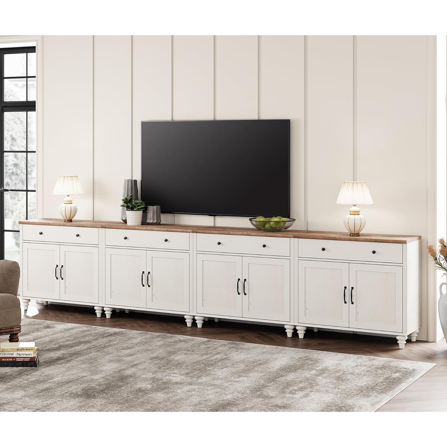 WAMPAT – Meuble champêtre pour téléviseur de 85 po avec 8 portes et 4 tiroirs, console de téléviseur blanche pour salon, chambre à coucher