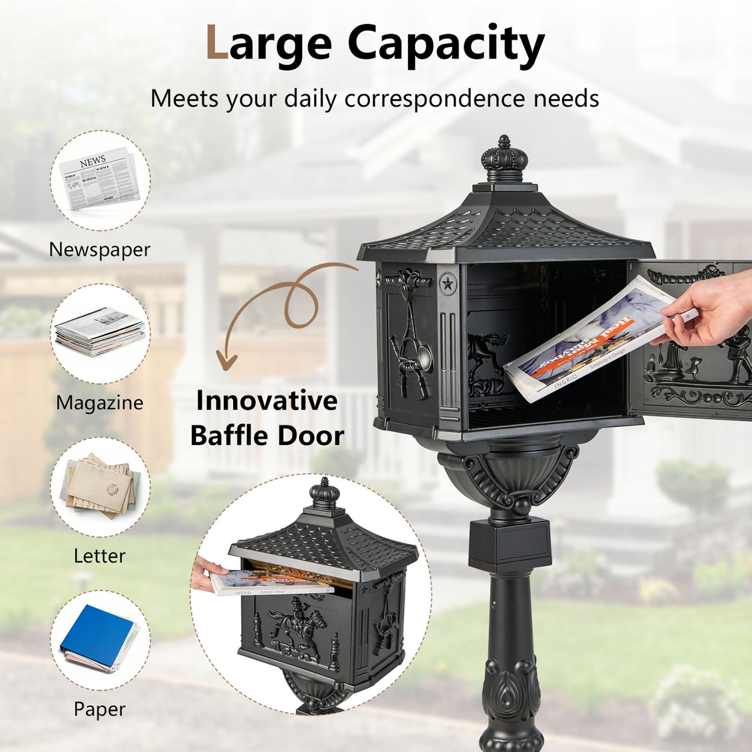Costway Retro Cast Aluminum Mailbox Lockable Security Postal Letter Box with Baffle Door