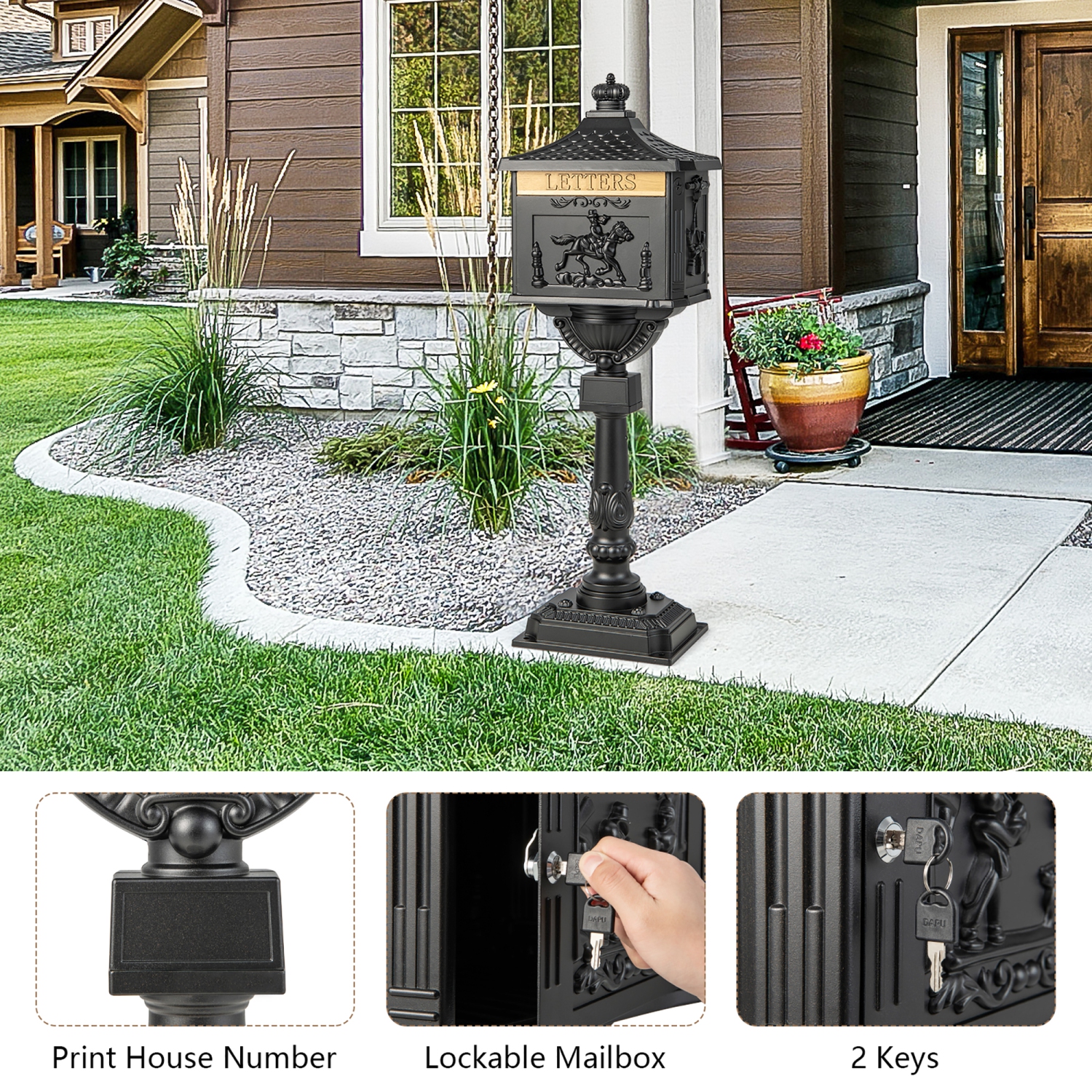 Costway Retro Cast Aluminum Mailbox Lockable Security Postal Letter Box with Baffle Door