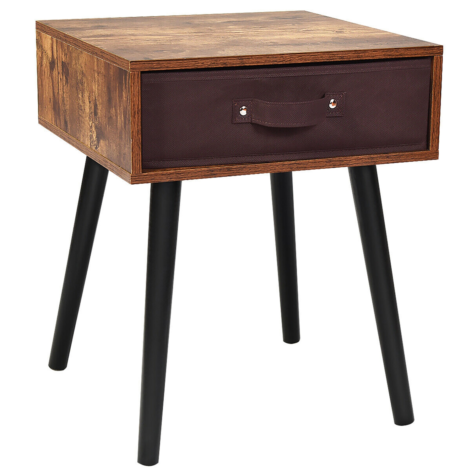 Costway Mid-Century Accent Bedside Table W/ Fabric Drawer Rustic Brown