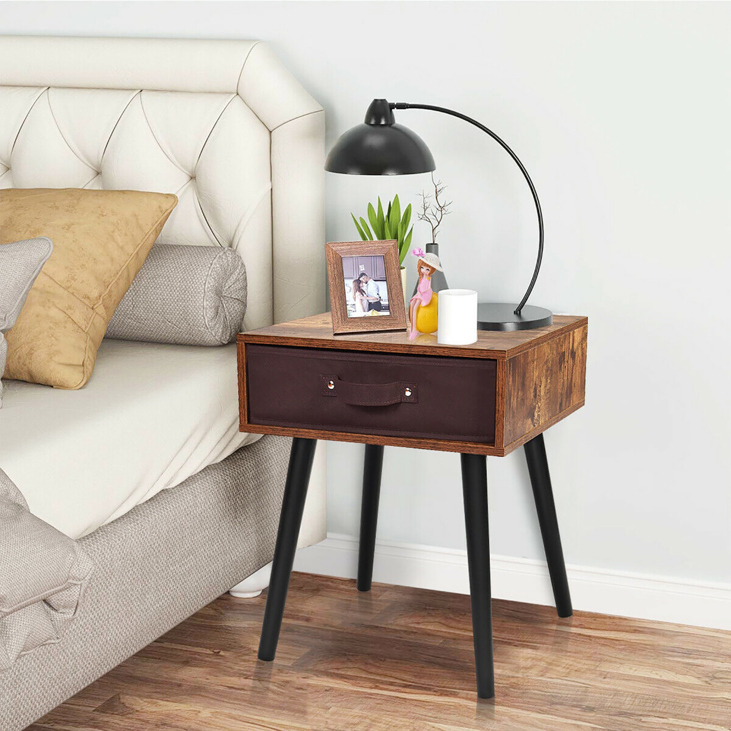 Costway Mid-Century Accent Bedside Table W/ Fabric Drawer Rustic Brown