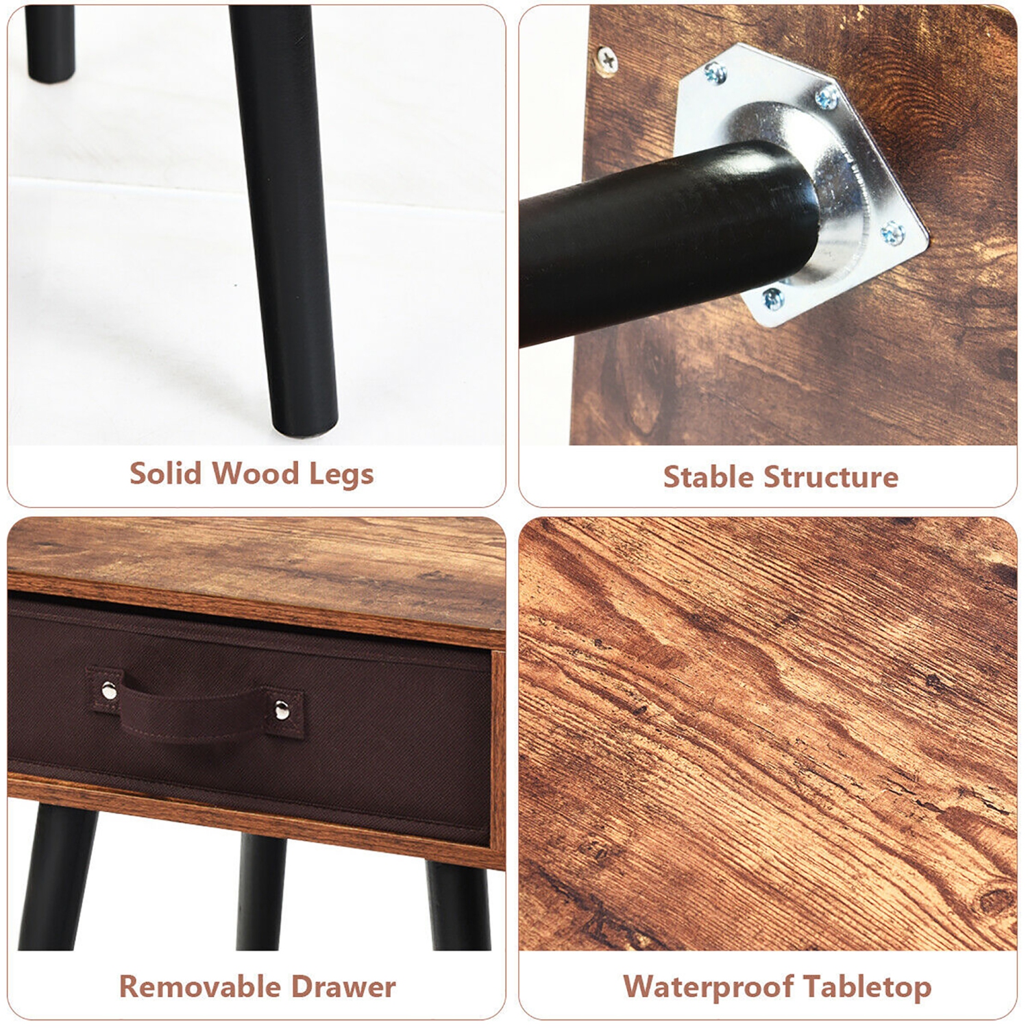 Costway Mid-Century Accent Bedside Table W/ Fabric Drawer Rustic Brown