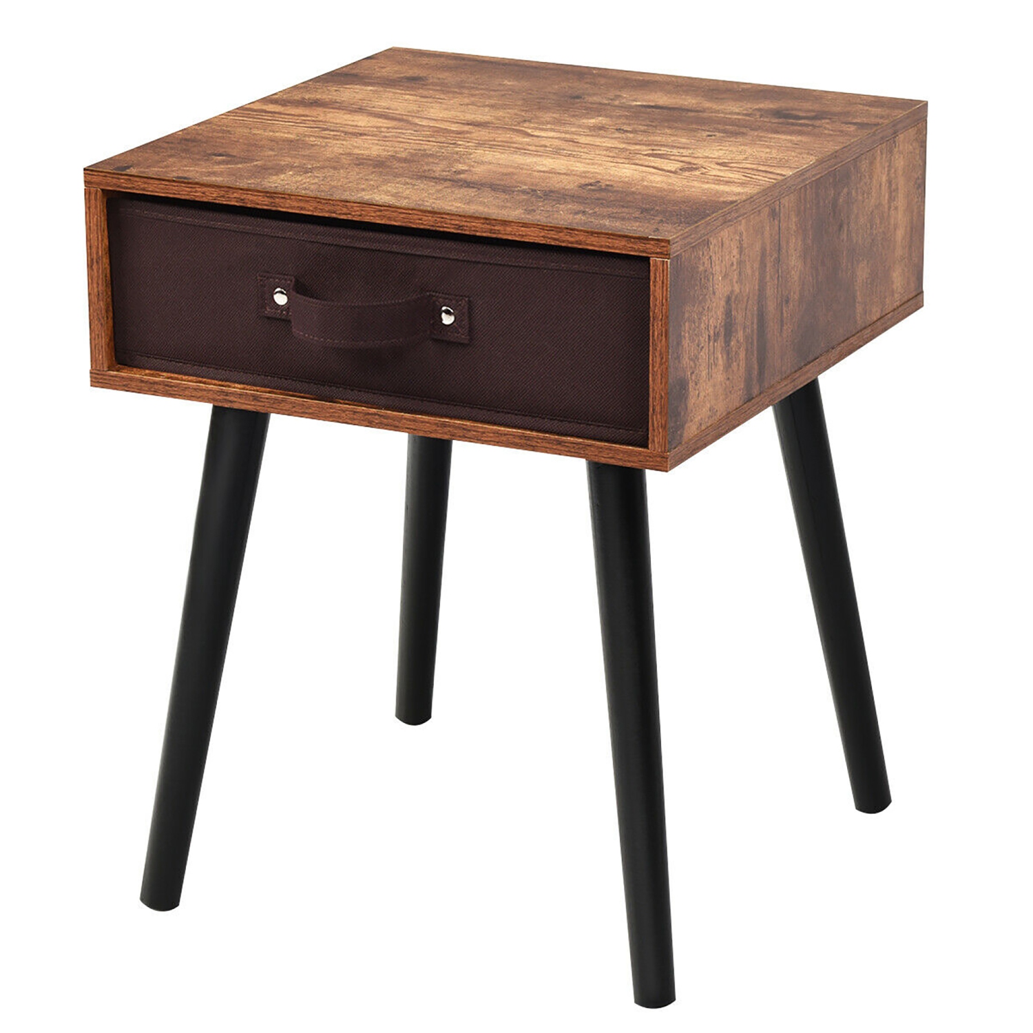 Costway Mid-Century Accent Bedside Table W/ Fabric Drawer Rustic Brown