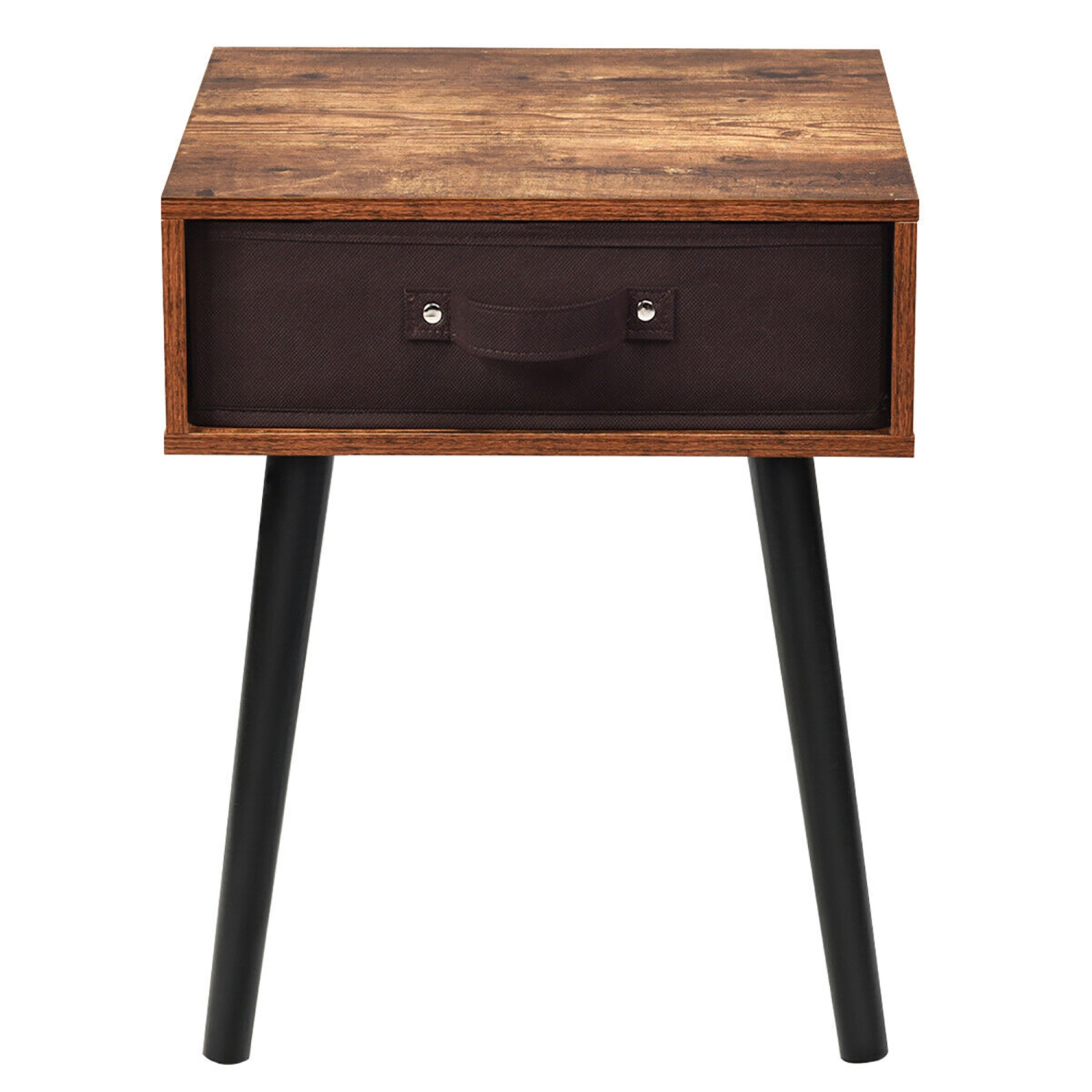 Costway Mid-Century Accent Bedside Table W/ Fabric Drawer Rustic Brown