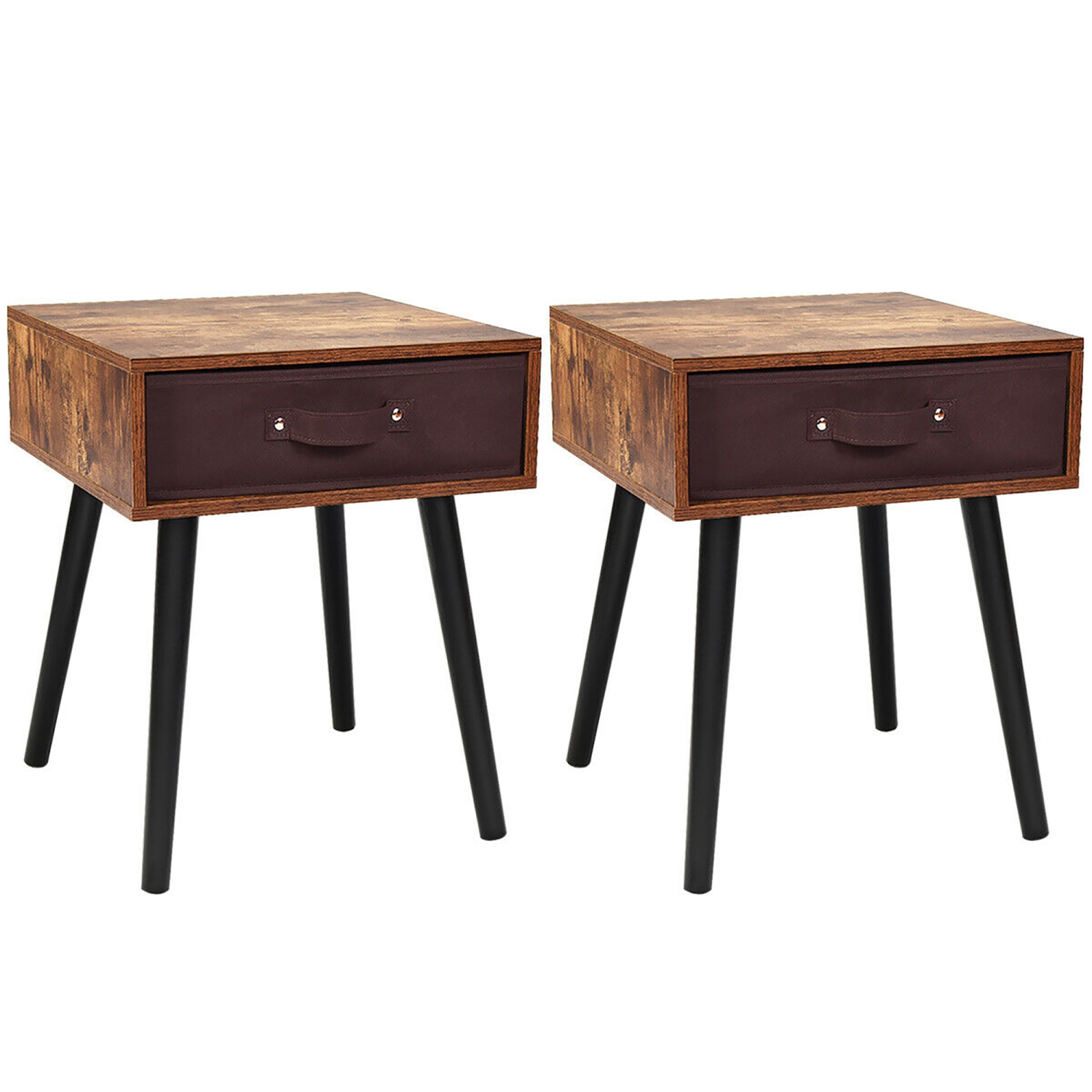Costway Set of 2 Mid-Century Accent Bedside Table W/ Drawer Rustic Brown