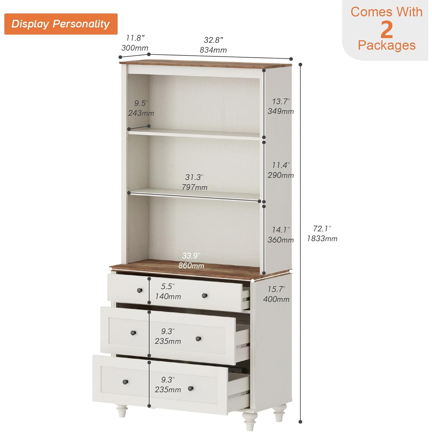 FITUEYES – Commode blanche avec 3 tiroirs, grande étagère avec 3 tablettes à livres ouvertes pour le salon; cuisine de bureau à domicile; 72 po