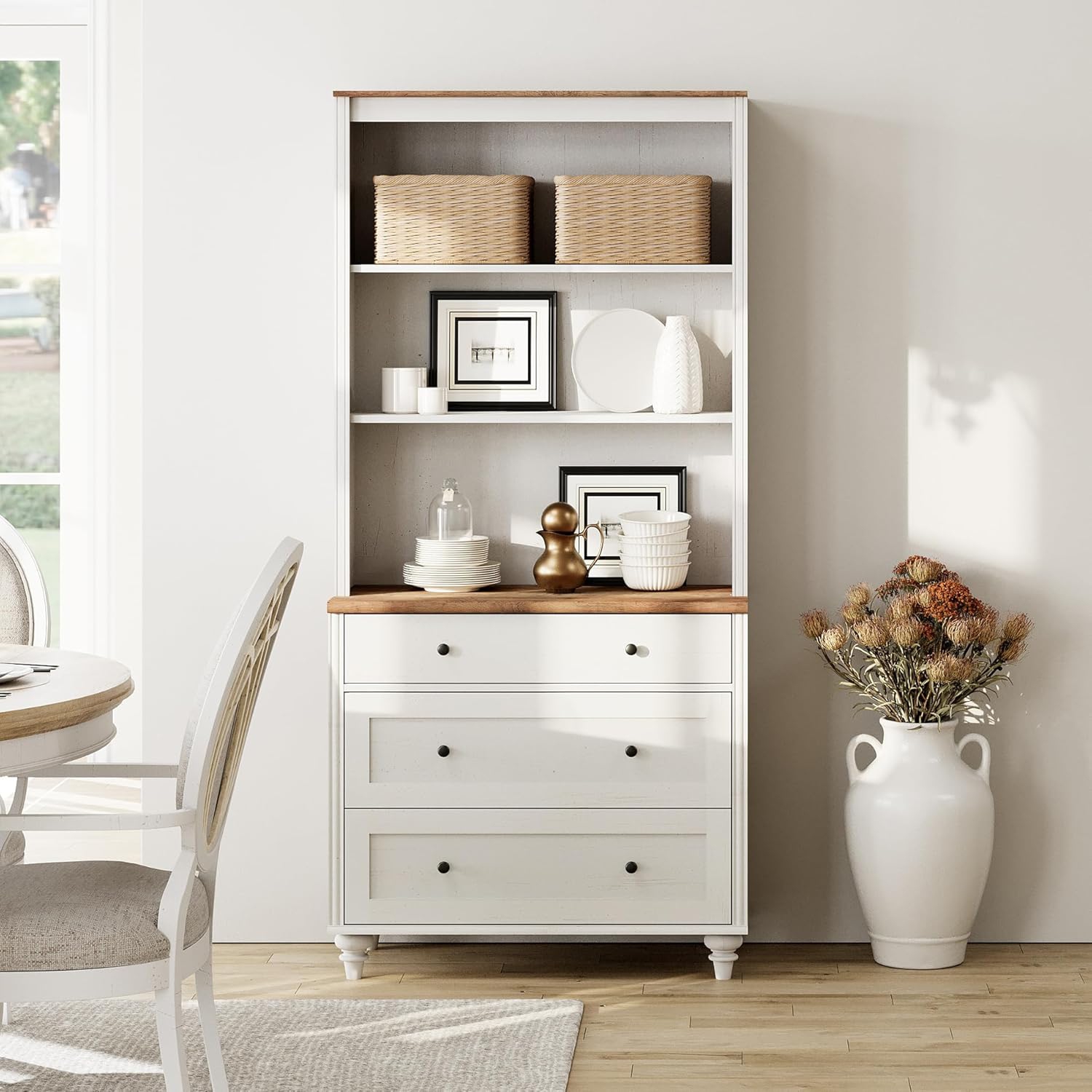 FITUEYES – Commode blanche avec 3 tiroirs, grande étagère avec 3 tablettes à livres ouvertes pour le salon; cuisine de bureau à domicile; 72 po