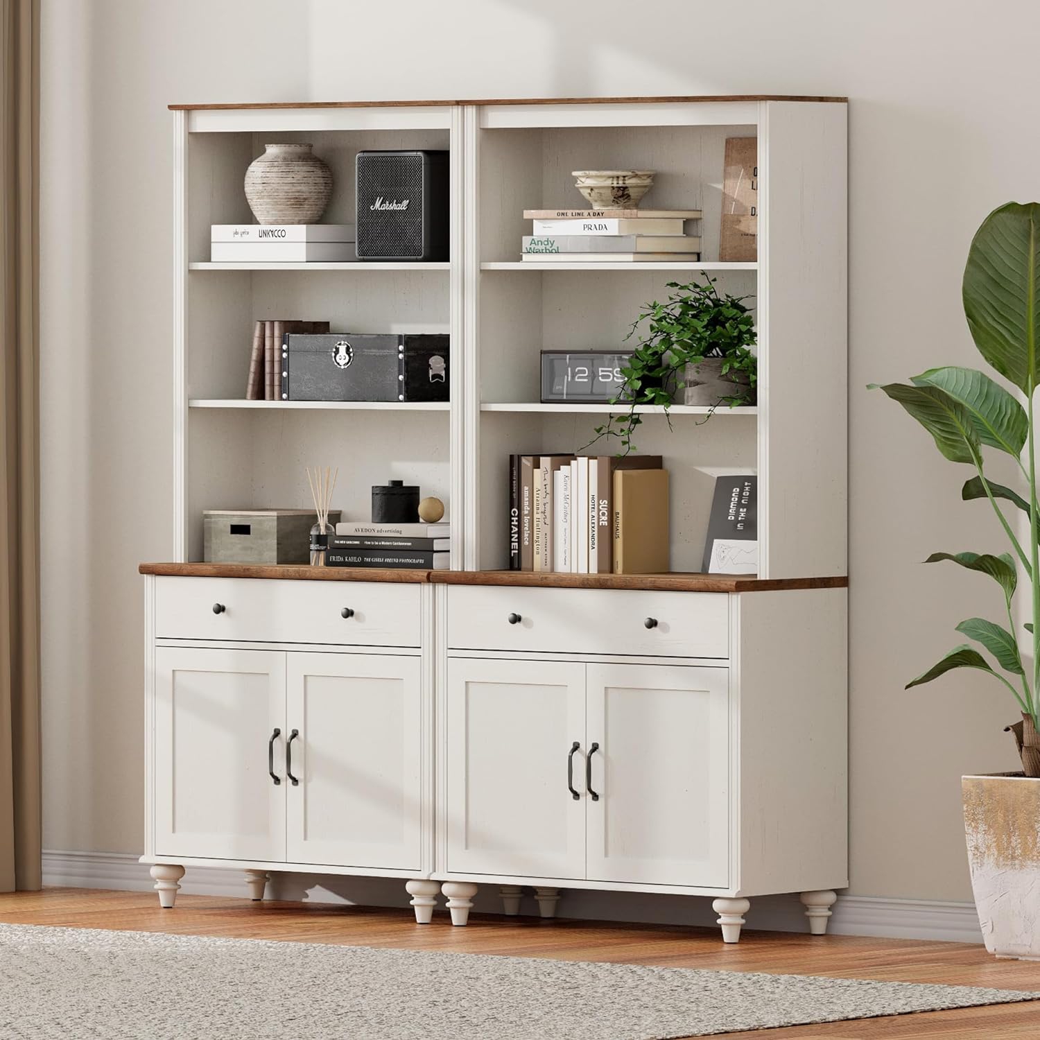 FITUEYES Set of 2 White Bookcase with Doors & Drawers, 5 Tier Bookshelf, 72'' Tall Book Case Shelf with Glass Storage Cabinets for Living Room