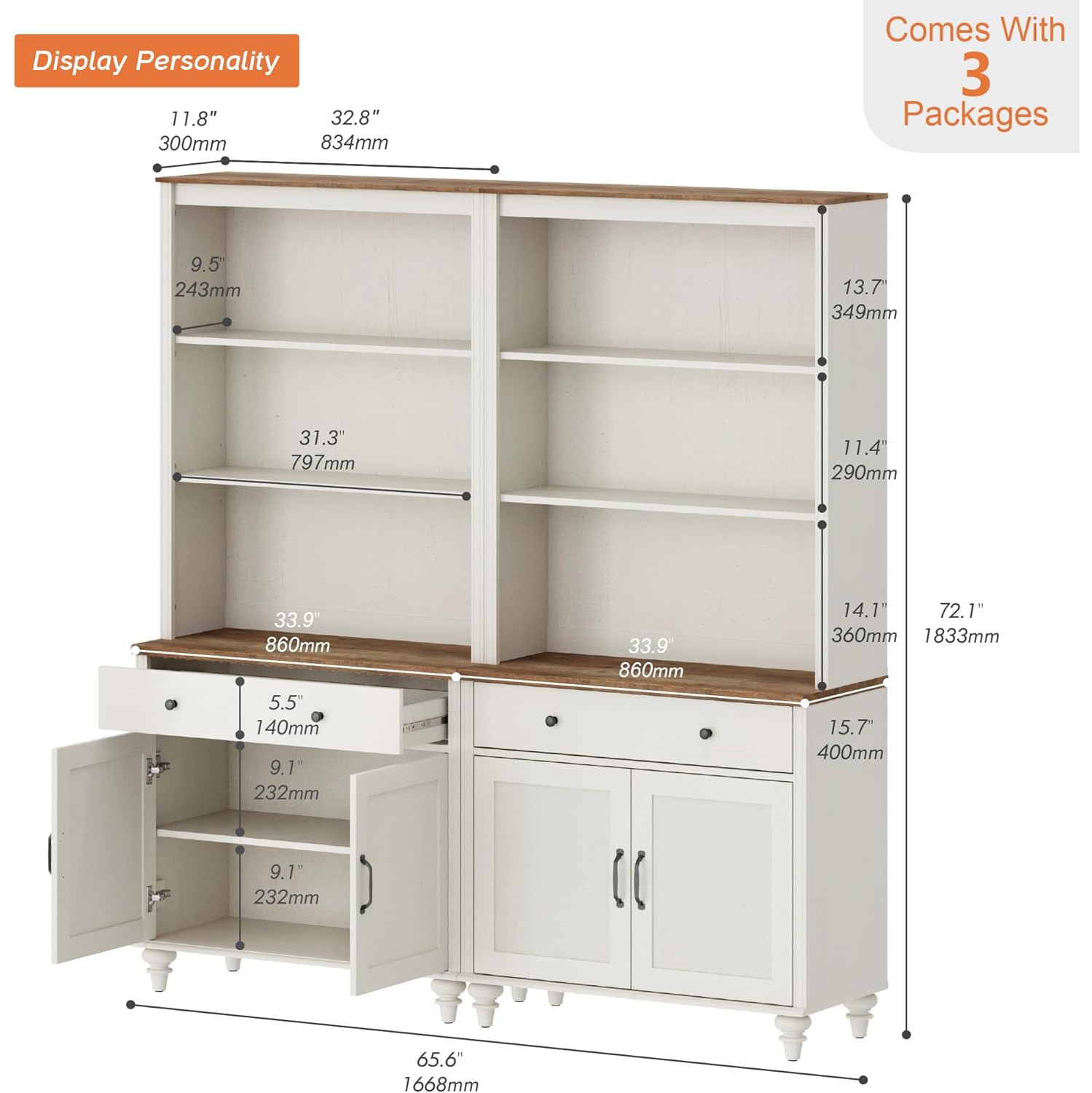 FITUEYES Set of 2 White Bookcase with Doors & Drawers, 5 Tier Bookshelf, 72'' Tall Book Case Shelf with Glass Storage Cabinets for Living Room