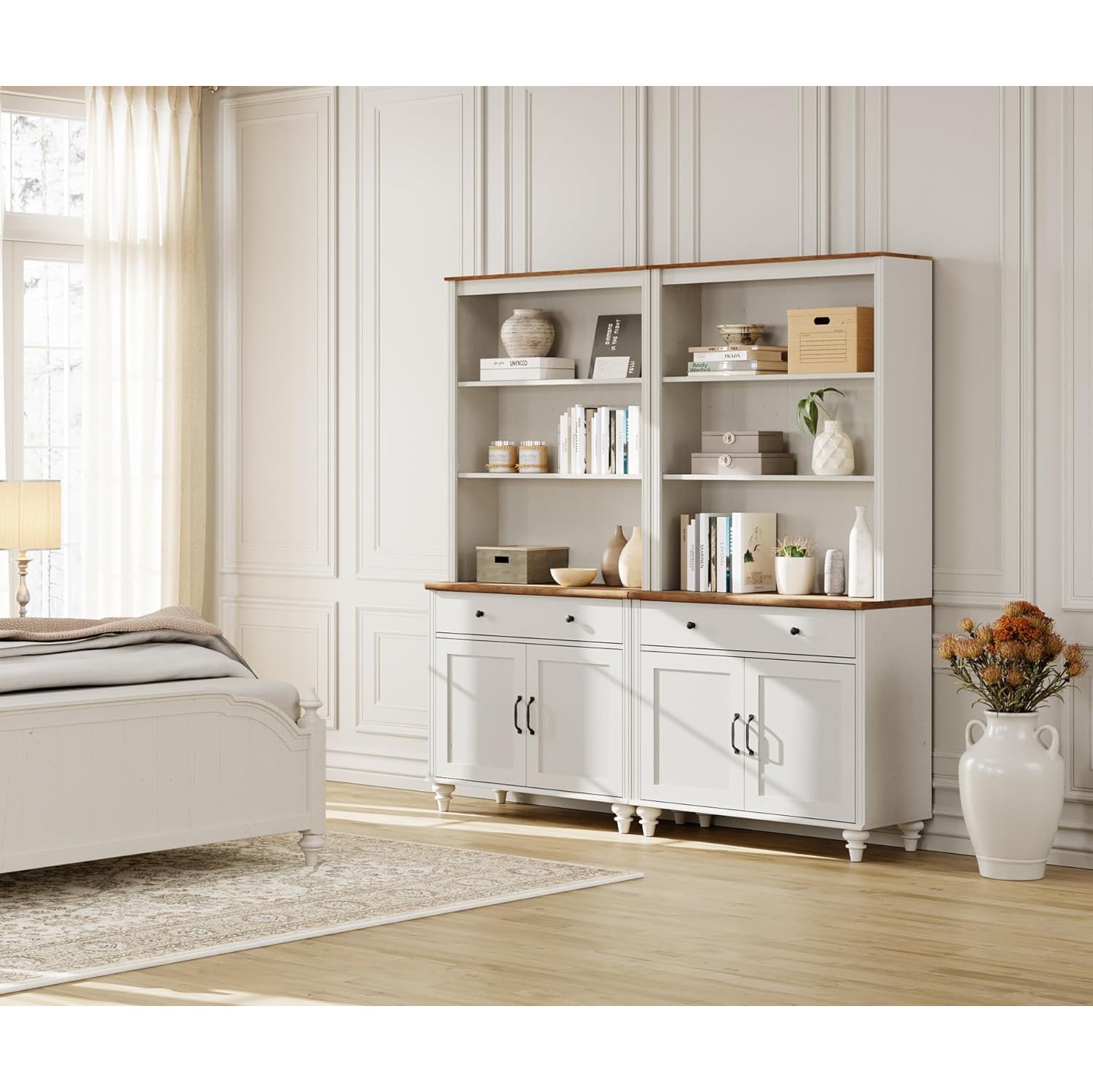 FITUEYES Set of 2 White Bookcase with Doors & Drawers, 5 Tier Bookshelf, 72'' Tall Book Case Shelf with Glass Storage Cabinets for Living Room