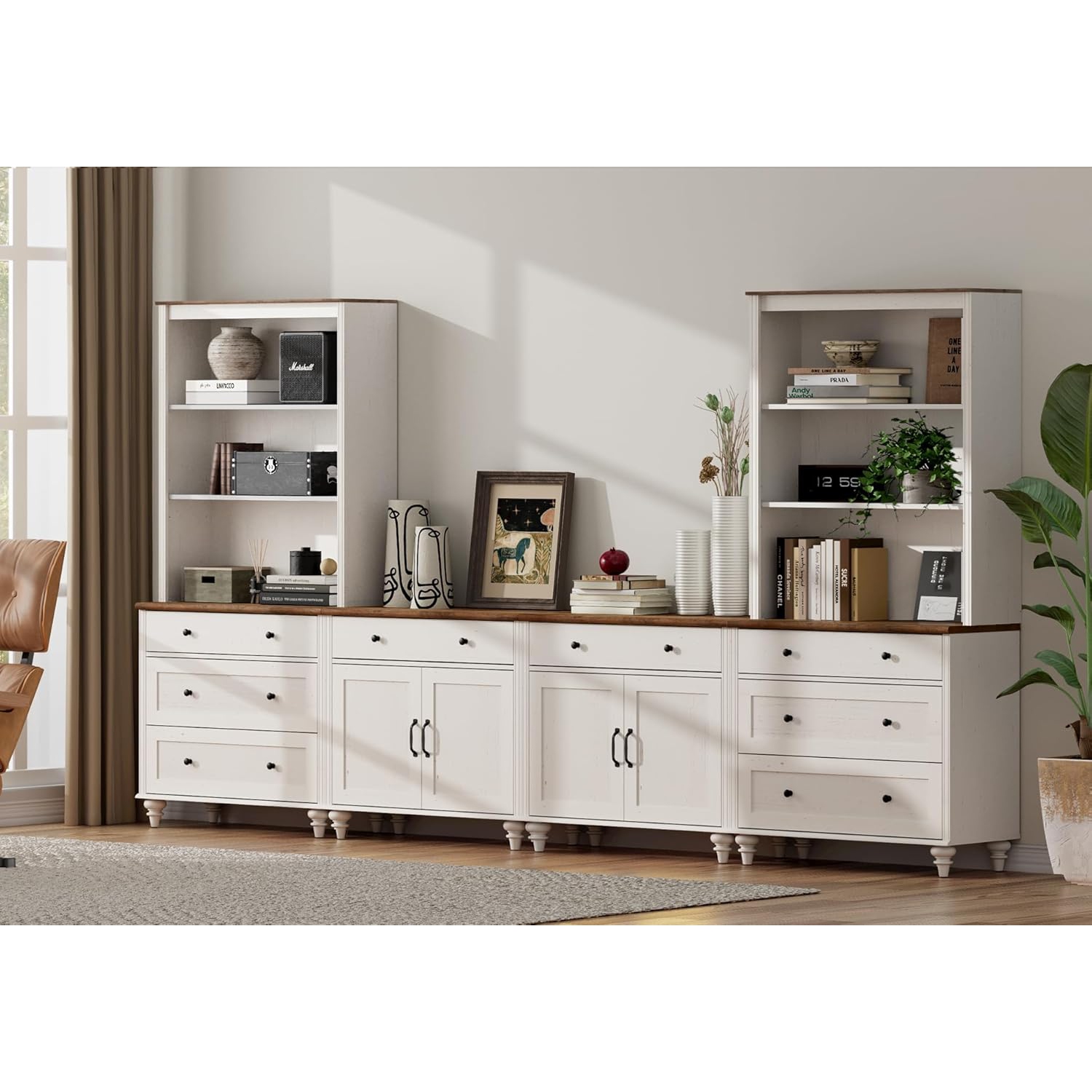 Centre de divertissement WAMPAT avec étagères pour téléviseurs jusqu'à 75 po, meuble pour téléviseur avec portes et tiroirs pour le salon, chambre et