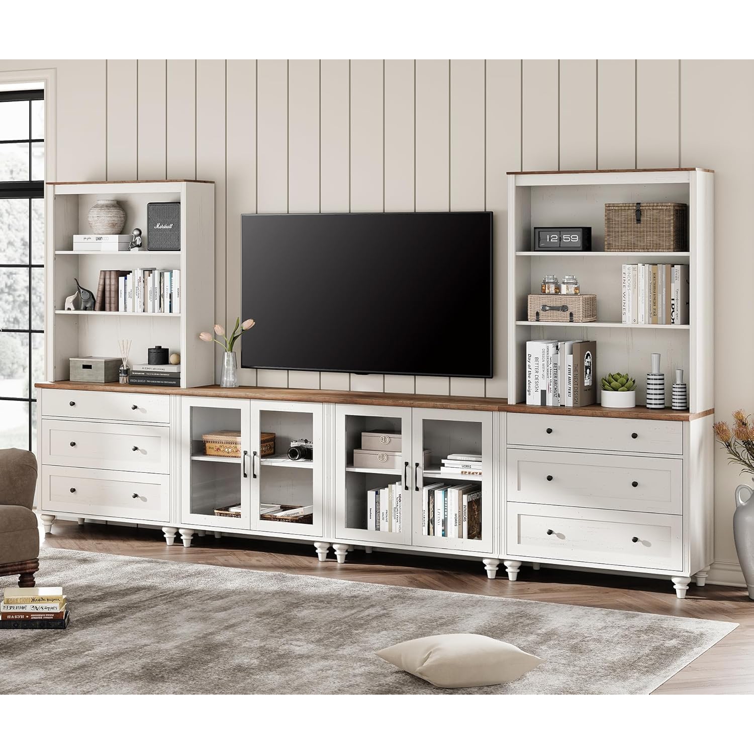 WAMPAT Entertainment Center with Bookshelves with Glass Doors&Drawers, Farmhouse Wall Unit TV Stand for TVs up to 75" for Living Room,Bedroom&Home
