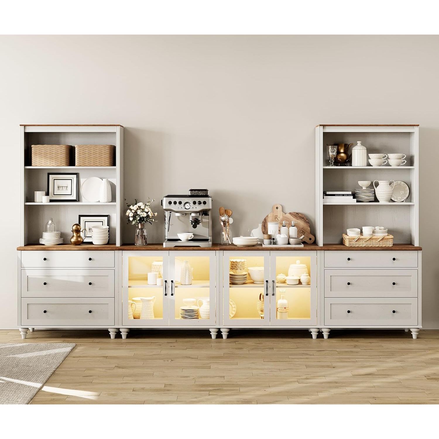 WAMPAT Entertainment Center with Bookshelves with Glass Doors&Drawers, Farmhouse Wall Unit TV Stand for TVs up to 75" for Living Room,Bedroom&Home