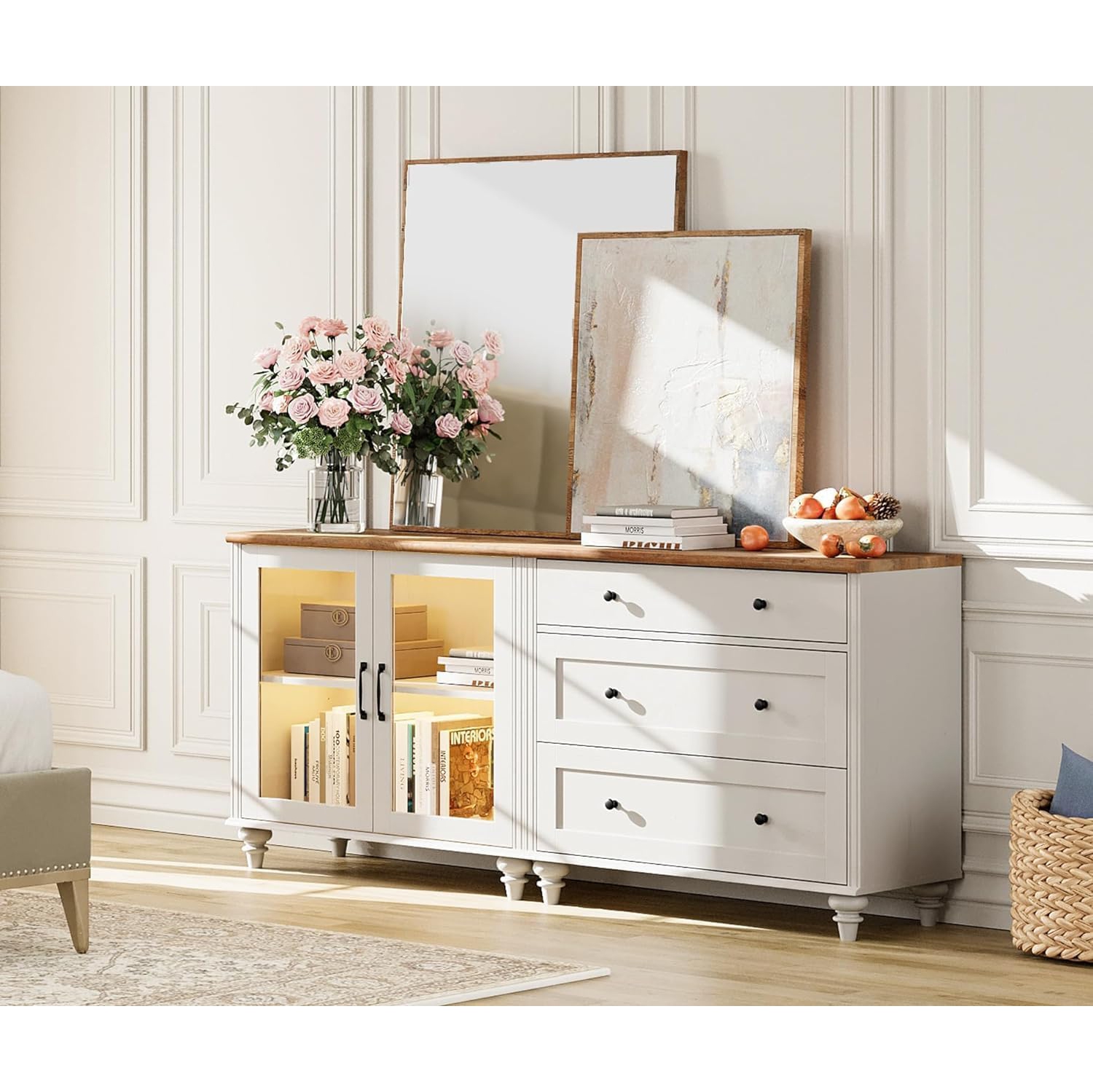 WAMPAT Entertainment Center with Bookshelves with Glass Doors&Drawers, Farmhouse Wall Unit TV Stand for TVs up to 75" for Living Room,Bedroom&Home