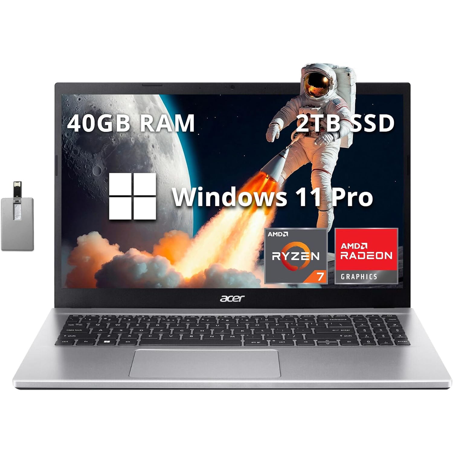 Acer Aspire 3 15.6" FHD Laptop, AMD Ryzen 7 5700U Processor, 40GB RAM, 2TB SSD, AMD Radeon Graphics, Numeric Keypad, 720p HD Webcam, Windows 11 Pro, Silver, 32GB Hotface USB Card