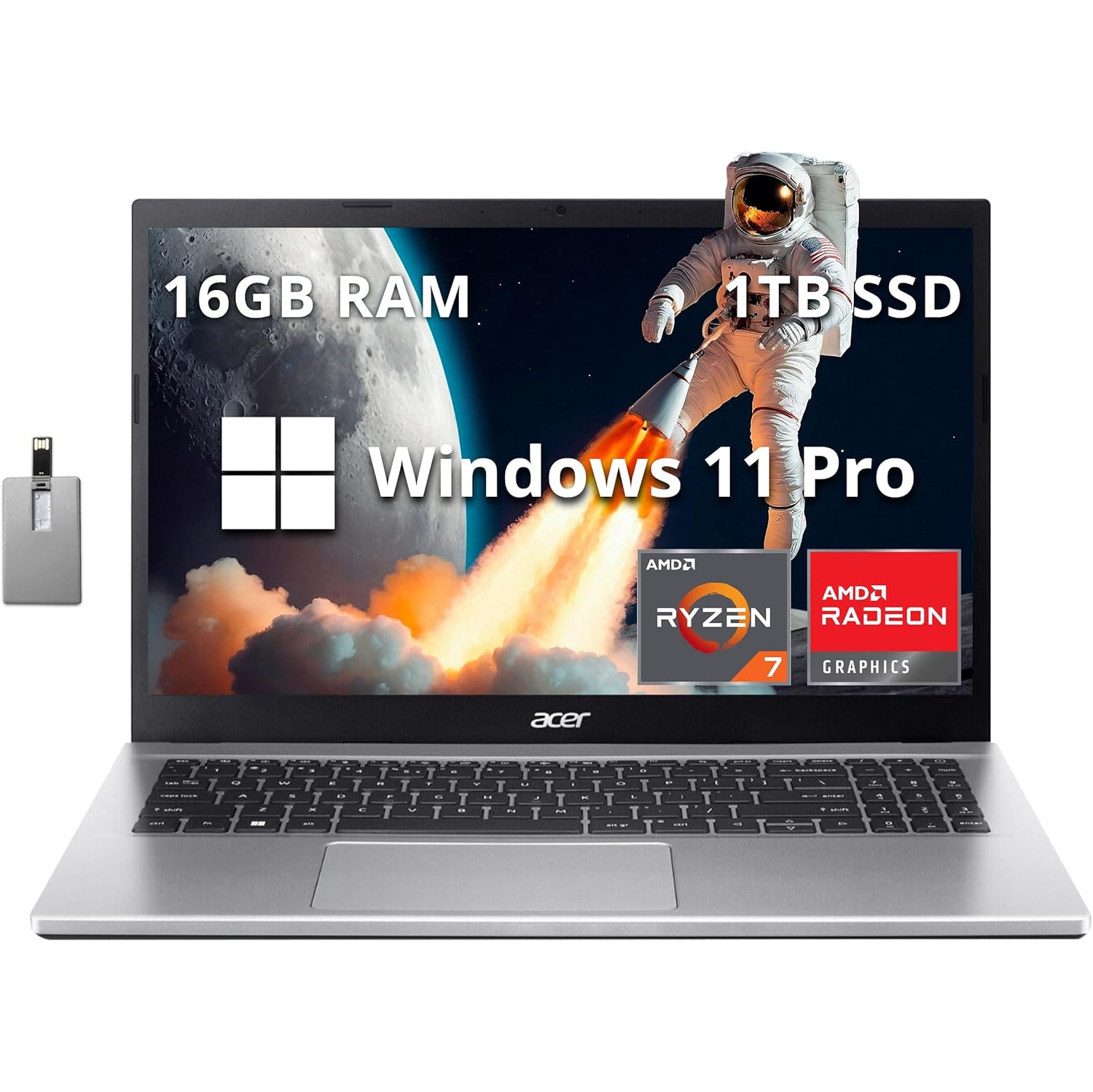 Acer Aspire 3 15.6" FHD Laptop, AMD Ryzen 7 5700U Processor, 16GB RAM, 1TB SSD, AMD Radeon Graphics, Numeric Keypad, 720p HD Webcam, Wi-Fi 6, Windows 11 Pro, Silver, 32GB USB Card