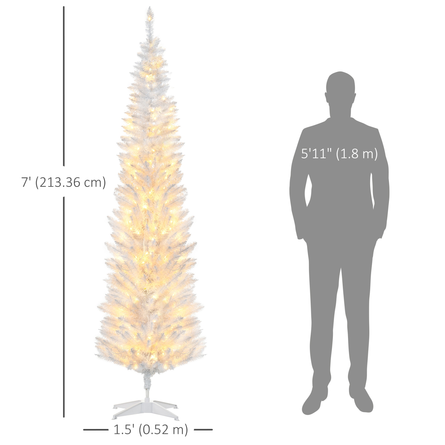 HOMCOM 7 ft Pre-Lit Noble Fir Slim Artificial Christmas Tree with 499 Tips and 200 Warm White LED Lights, White