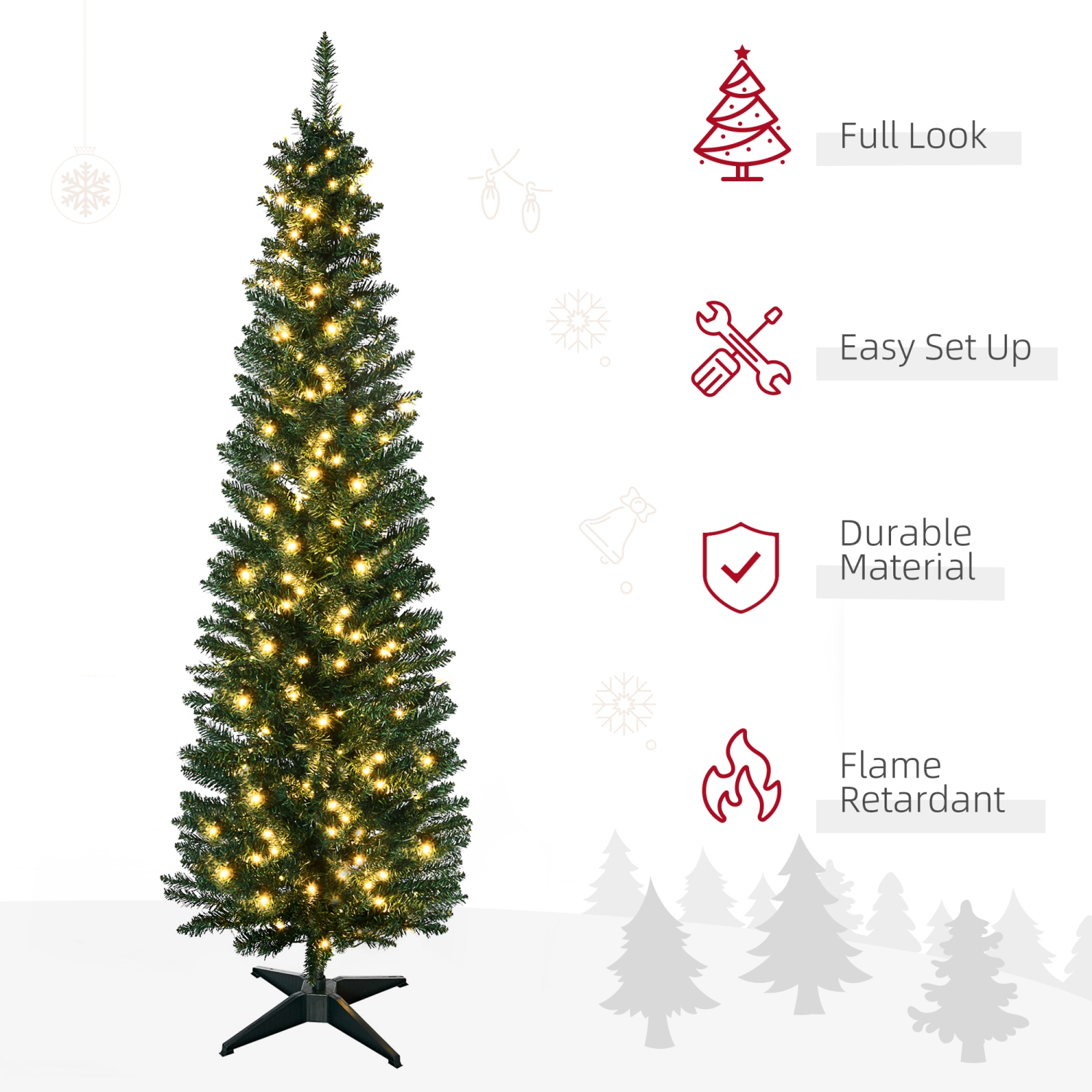 HOMCOM – Arbre de Noël artificiel mince et illuminé 7&nbsp;pi avec 499 embouts et 200 lumières à DEL blanc chaud, vert