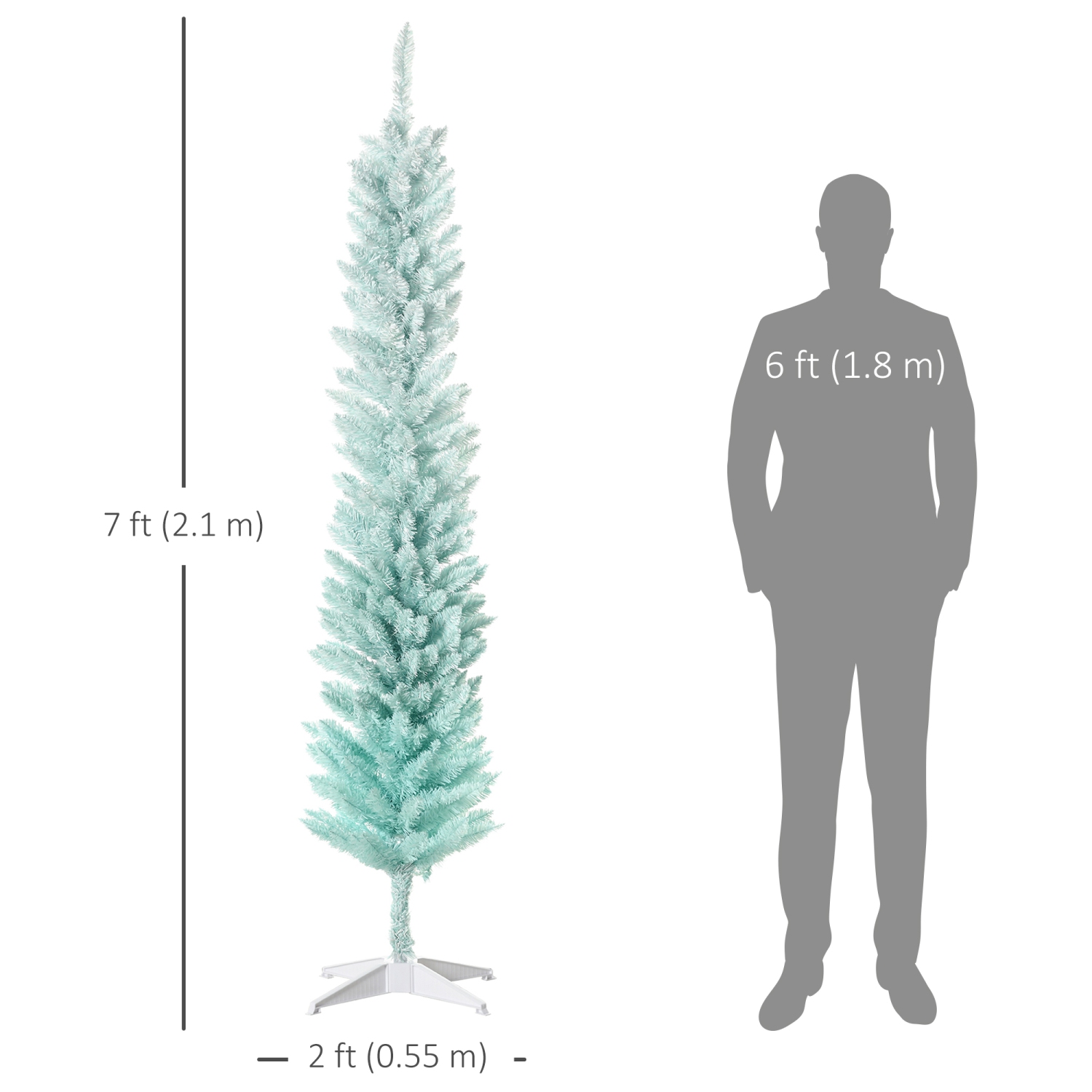 HOMCOM 7' Pencil Christmas Tree, Slim Artificial Xmas Tree with Realistic Branches, Metal Stand, Gradient Blue
