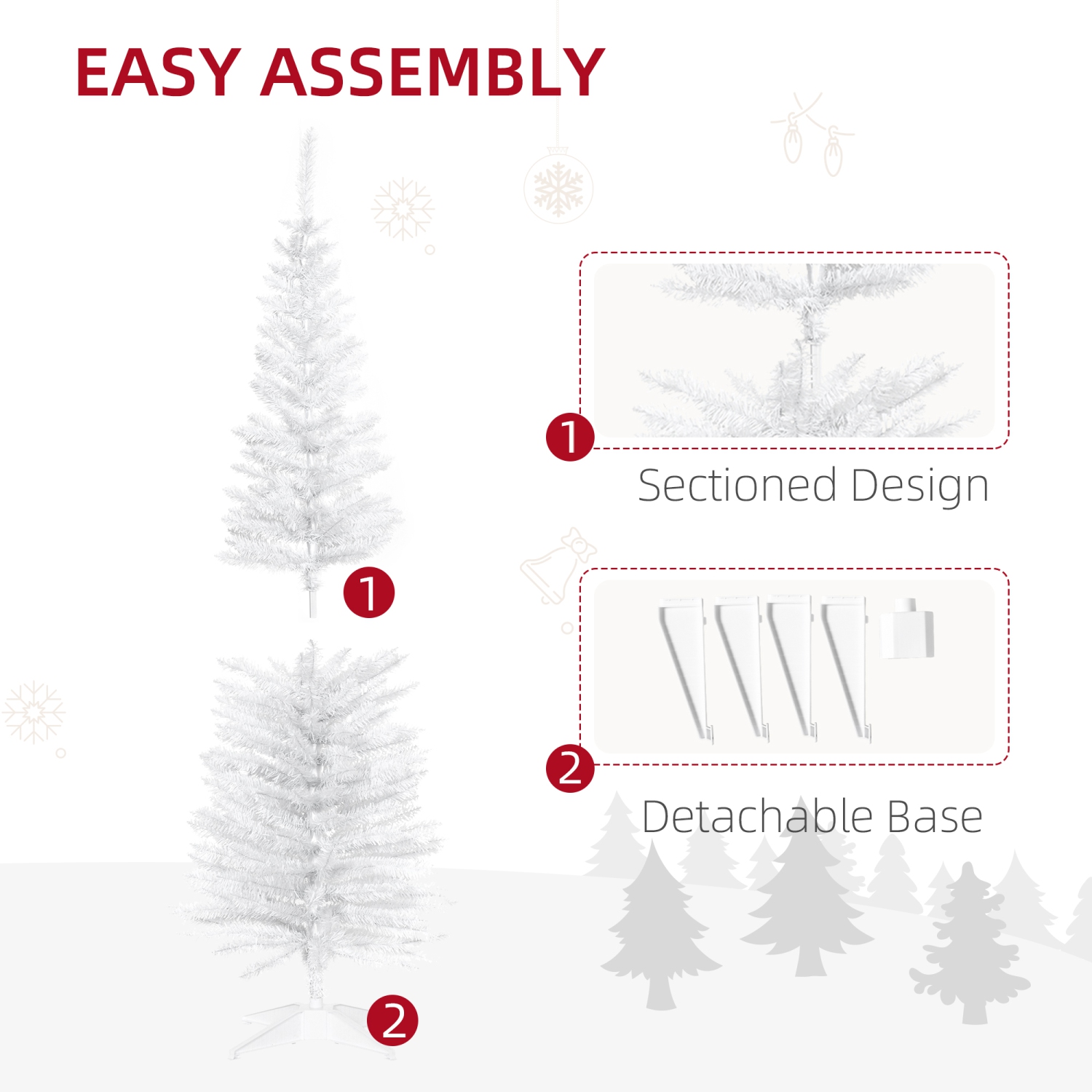HOMCOM – Arbre de Noël de 5 pi, arbre de Noël artificiel mince avec branches réalistes, support robuste, blanc