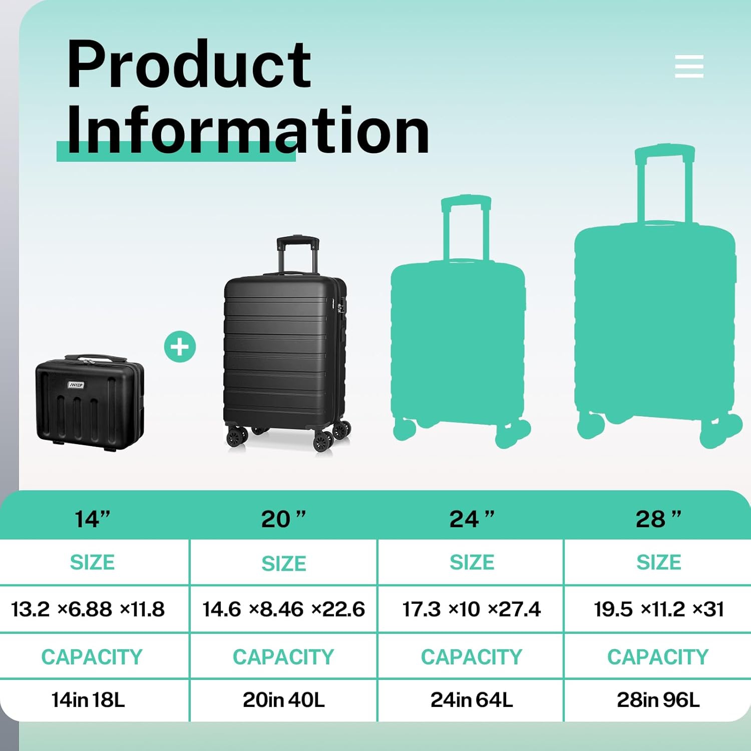 Bagage de cabine 2 pièces Coolhut, valise de 20 po et plus, mini étuis à cosmétiques de 14 po, ensembles de valises rigides, valise USB avec