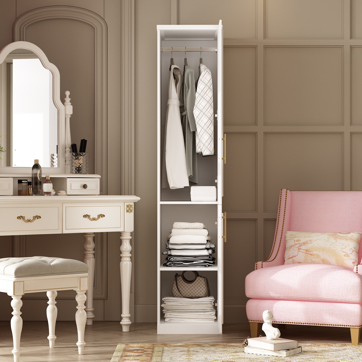 Armoire mince Famapy avec tablettes et tiges de suspension pour espaces compacts) Blanc