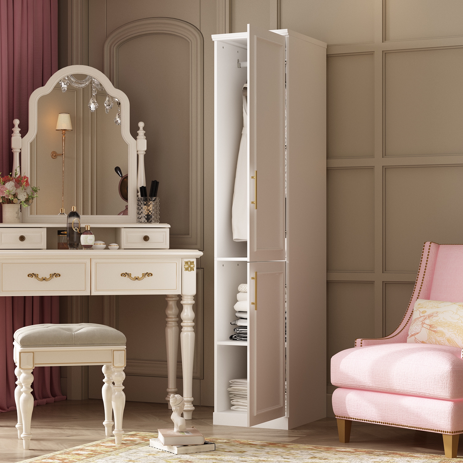 Armoire mince Famapy avec tablettes et tiges de suspension pour espaces compacts) Blanc