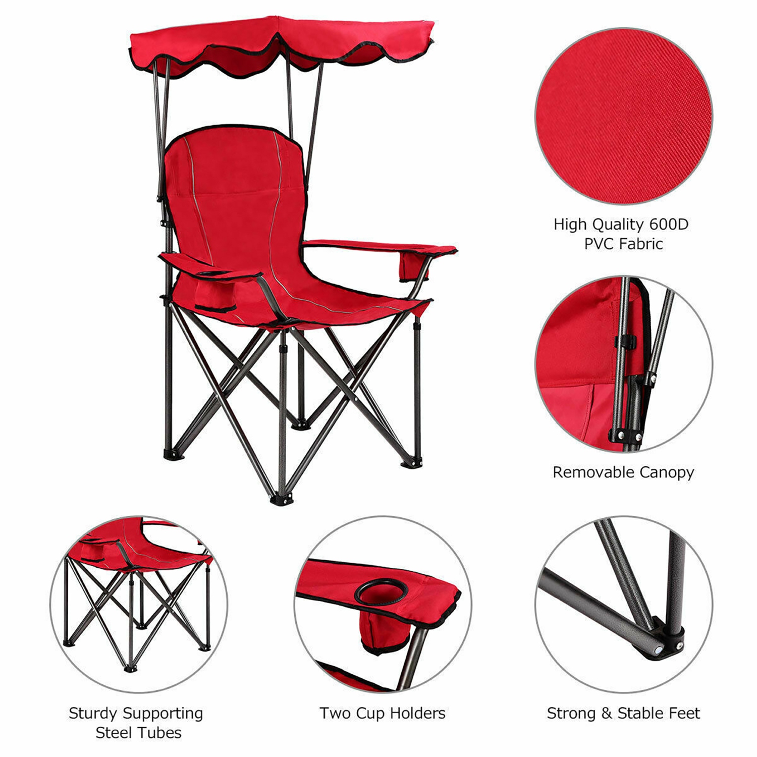 Costway Portable Folding Beach Canopy Chair W/ Cup Holders Bag Camping Hiking Outdoor