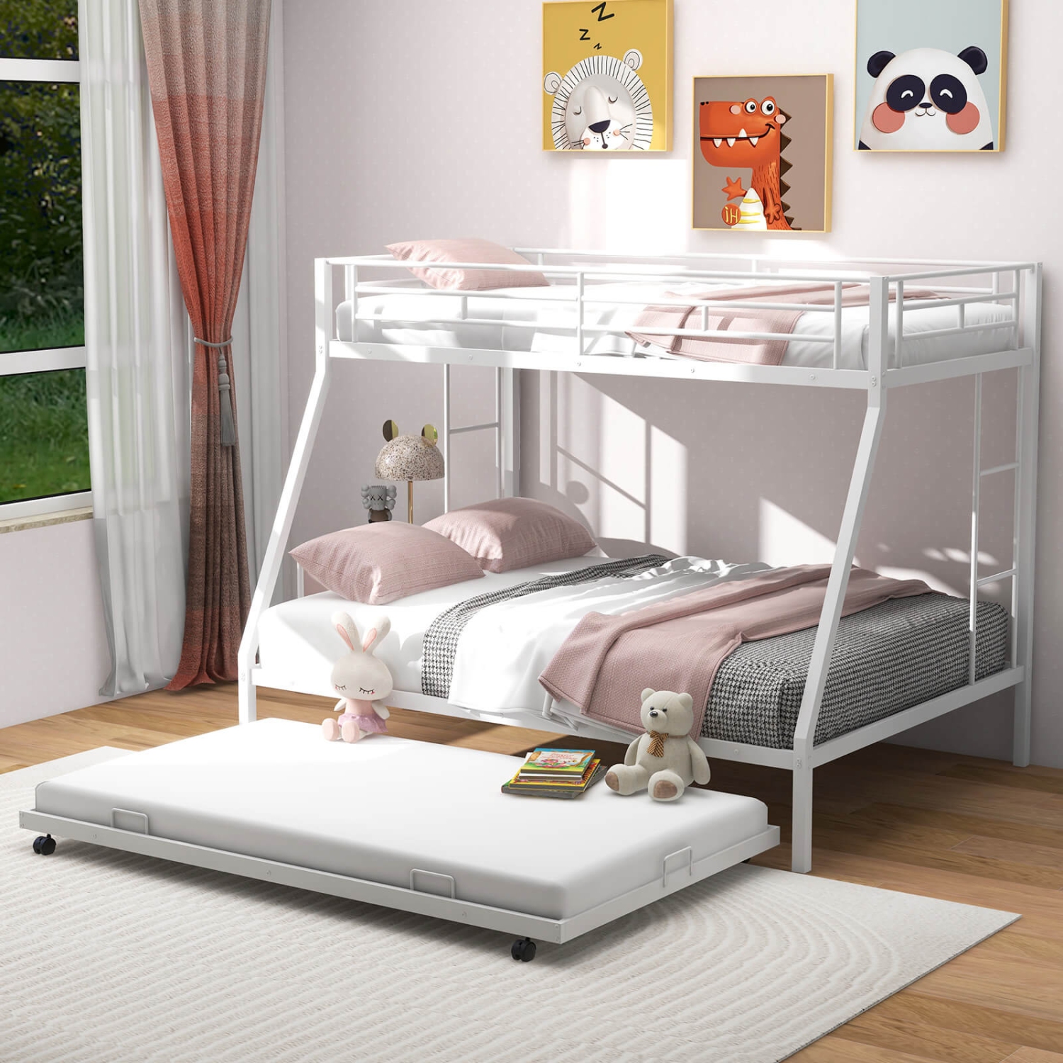 Costway Twin Over Full Metal Slats Bunk Bed Frame with Trundle, Guard Rail & Ladders
