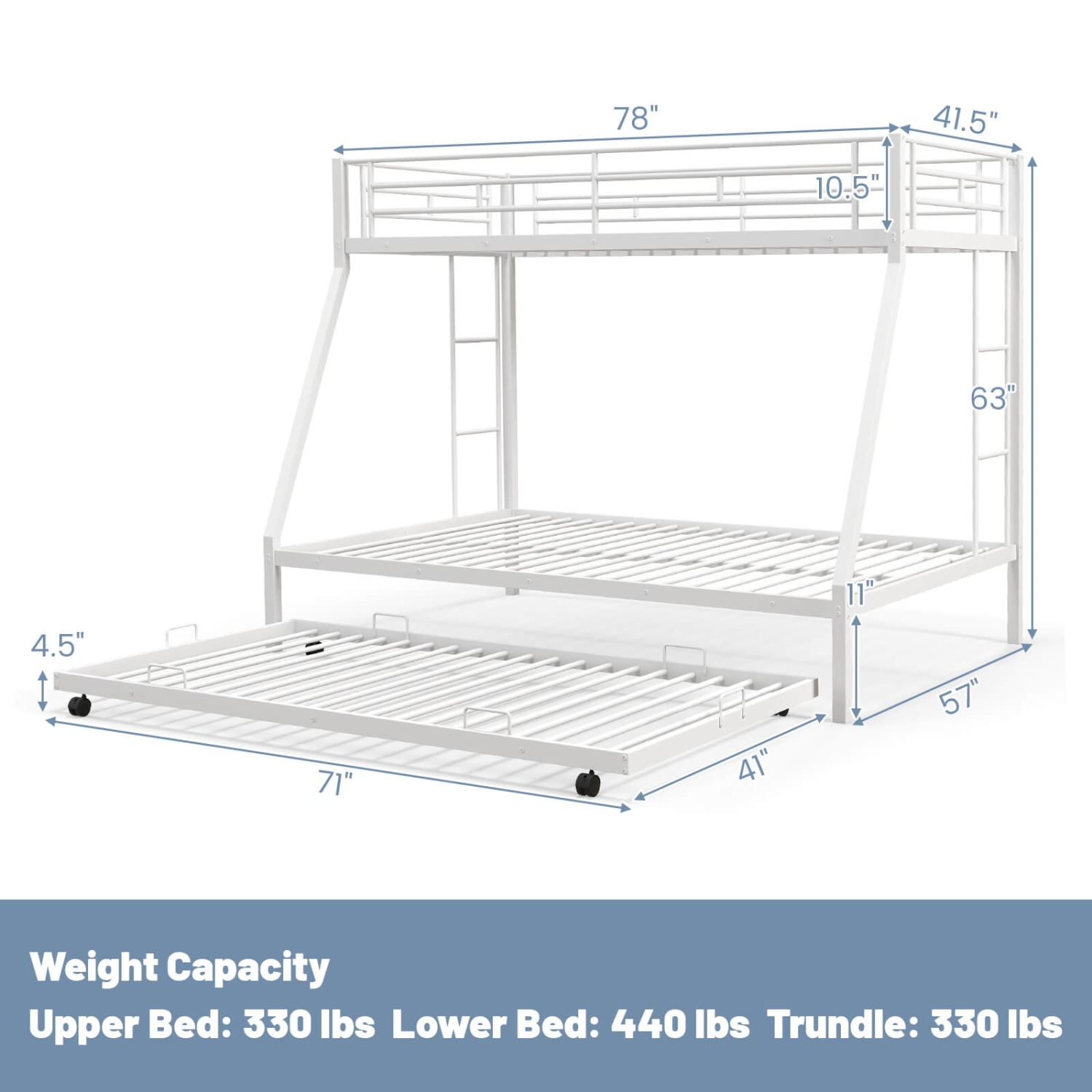 Costway Twin Over Full Metal Slats Bunk Bed Frame with Trundle, Guard Rail & Ladders