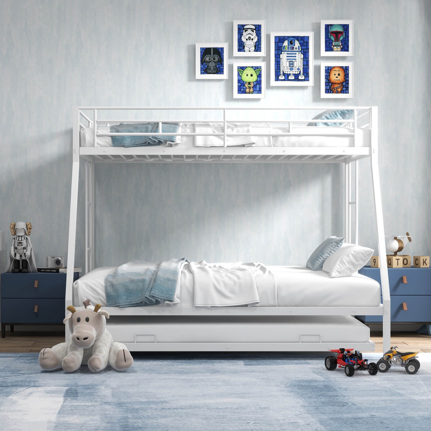 Costway Twin Over Full Metal Slats Bunk Bed Frame with Trundle, Guard Rail & Ladders