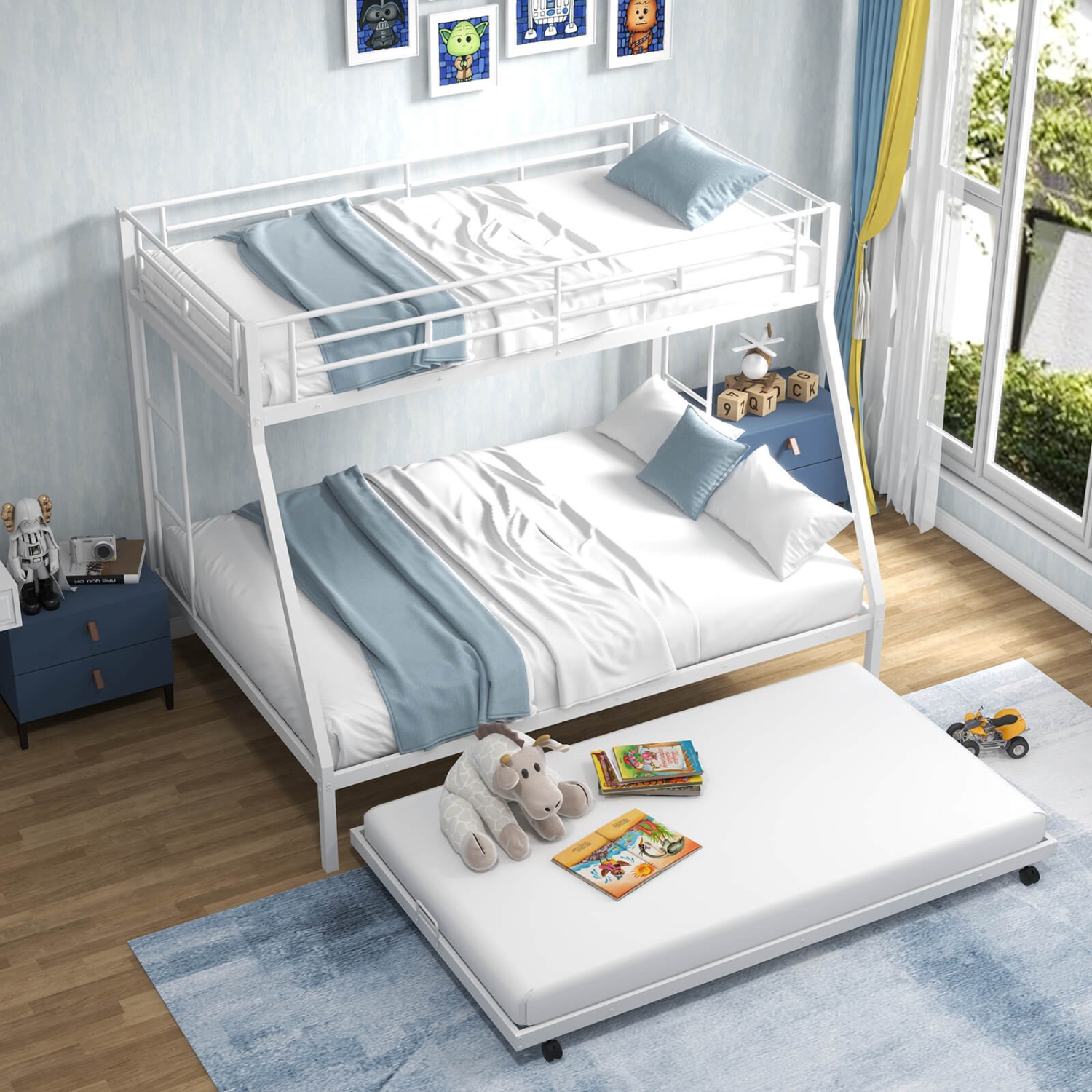 Costway Twin Over Full Metal Slats Bunk Bed Frame with Trundle, Guard Rail & Ladders