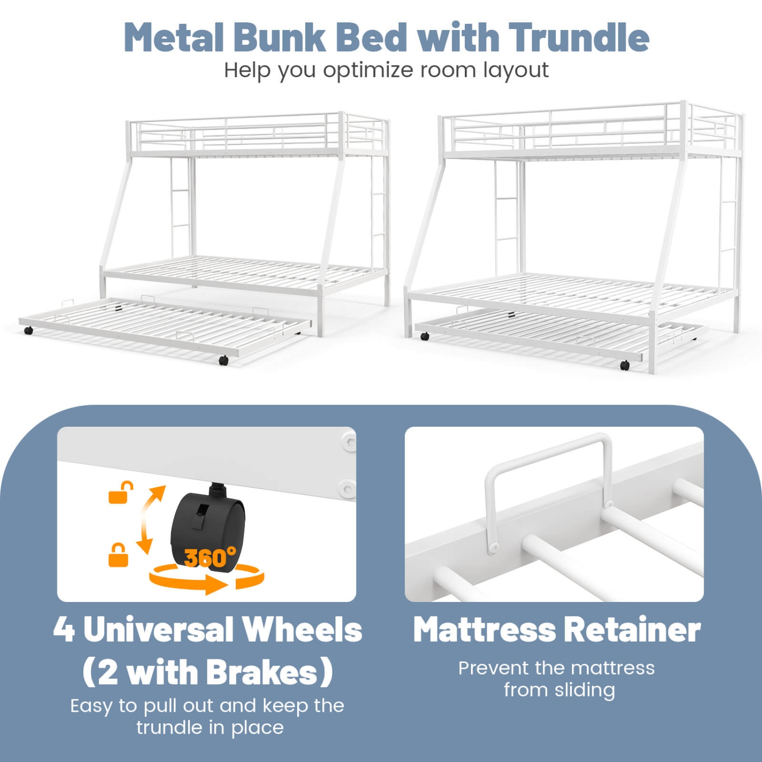Costway Twin Over Full Metal Slats Bunk Bed Frame with Trundle, Guard Rail & Ladders