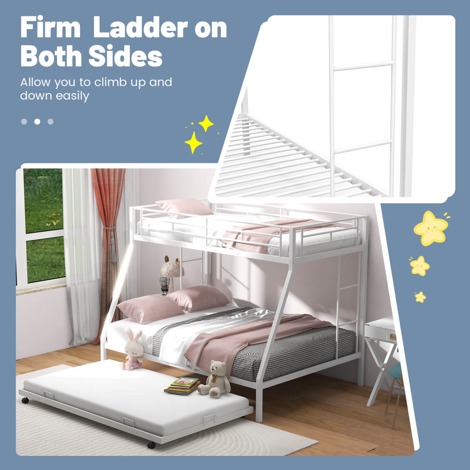 Costway Twin Over Full Metal Slats Bunk Bed Frame with Trundle, Guard Rail & Ladders